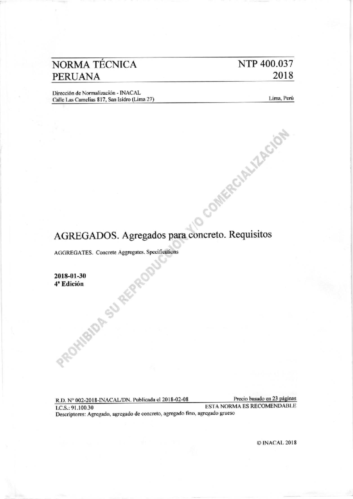 NTP 400.037 Normas Técnicas sobre Agregados para Concreto - Document Preview