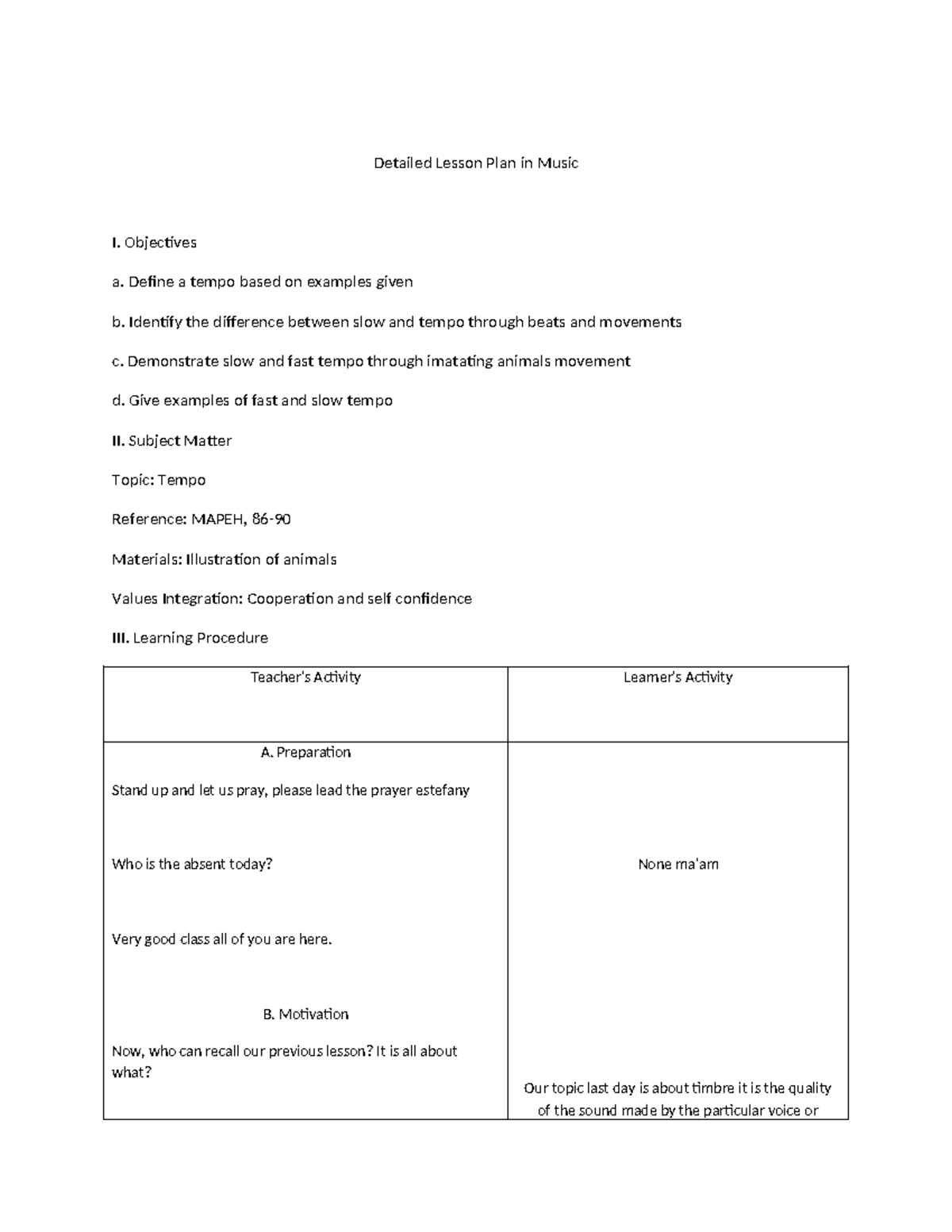 Detailed Lesson Plan on Tempo in Music - MAPEH 86 - Studocu