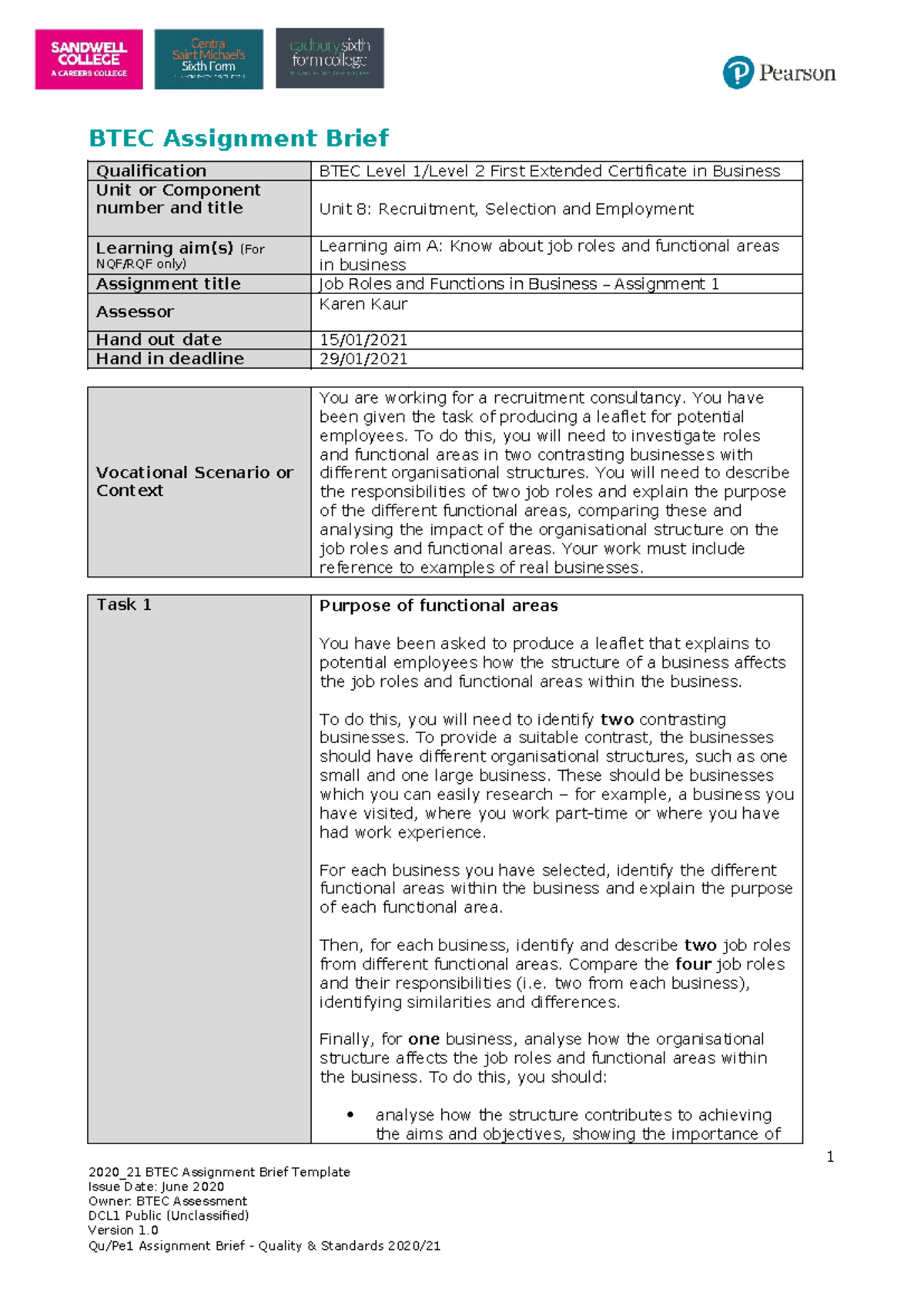 BTEC Level 1/2 Unit 8 Assignment 1: Analyzing Job Roles in Business ...