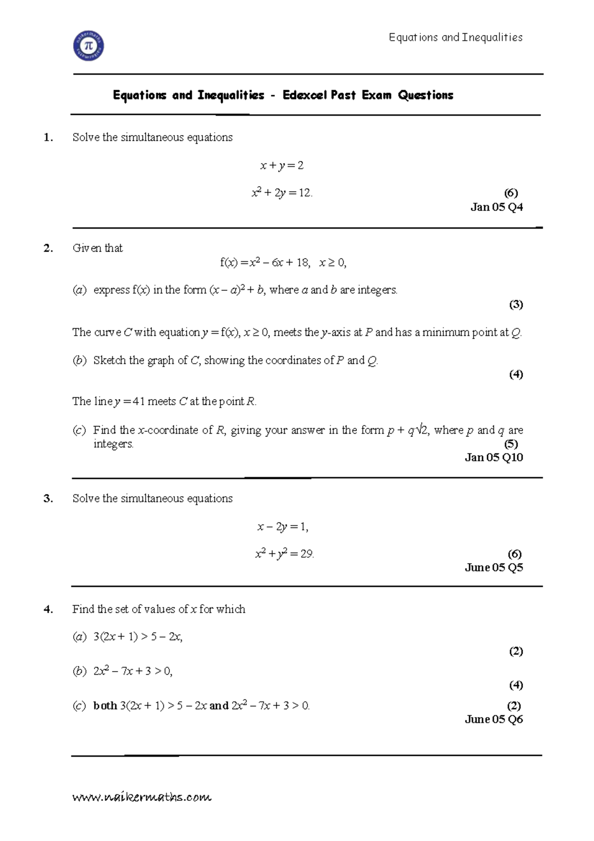 Edexcel Equations and Inequalities Past Exam Questions - Studocu