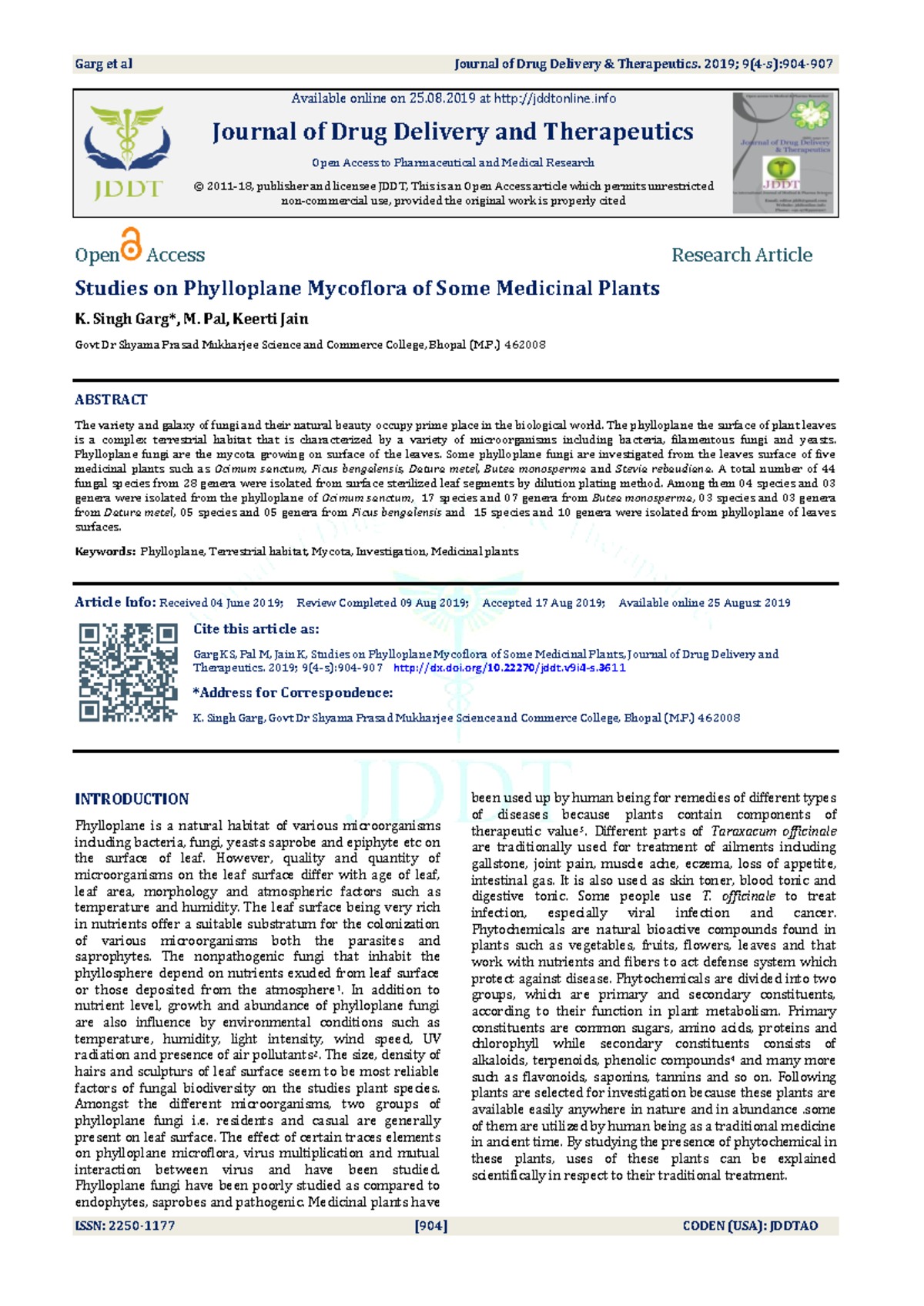 Studies on Phylloplane Mycoflora from Medicinal Plants (JDDT 2019 ...