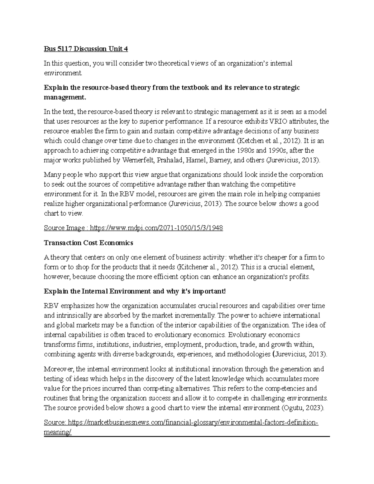 Bus 5117 Unit 4 Discussion: Resource-Based Theory & Internal ...