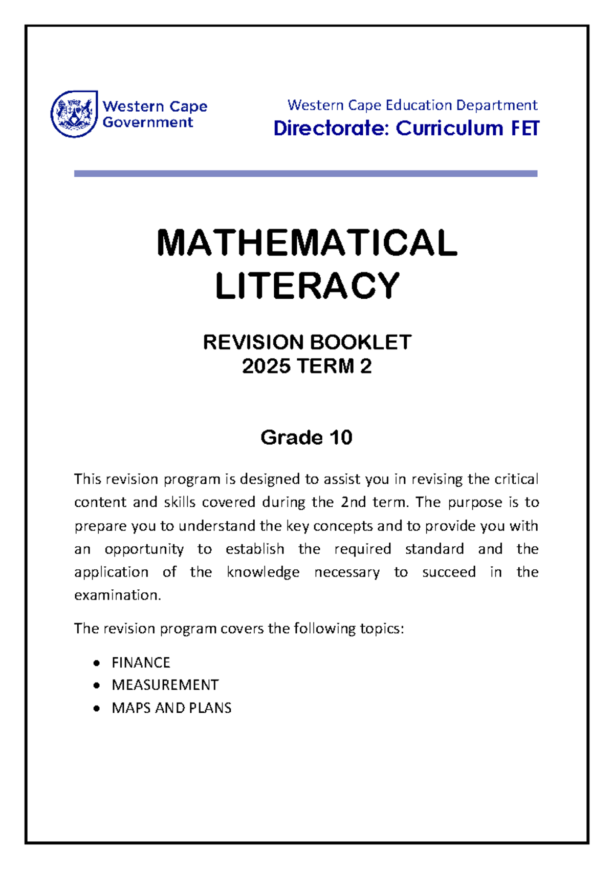 Mathematical Literacy Grade 10 Revision Booklet T2 2025 - Studocu