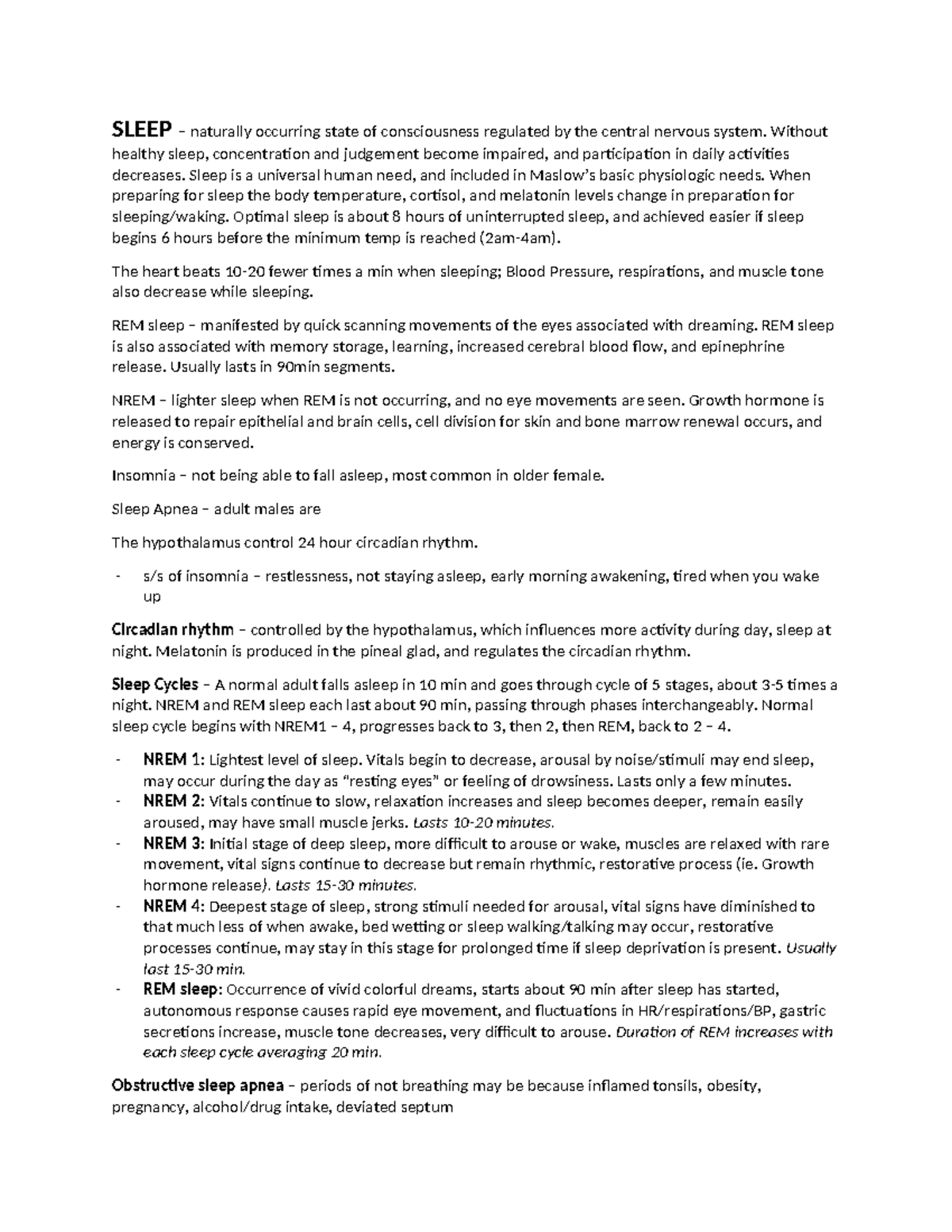 NUR1023 Sleep Notes: Understanding Sleep Cycles and Disorders - Studocu