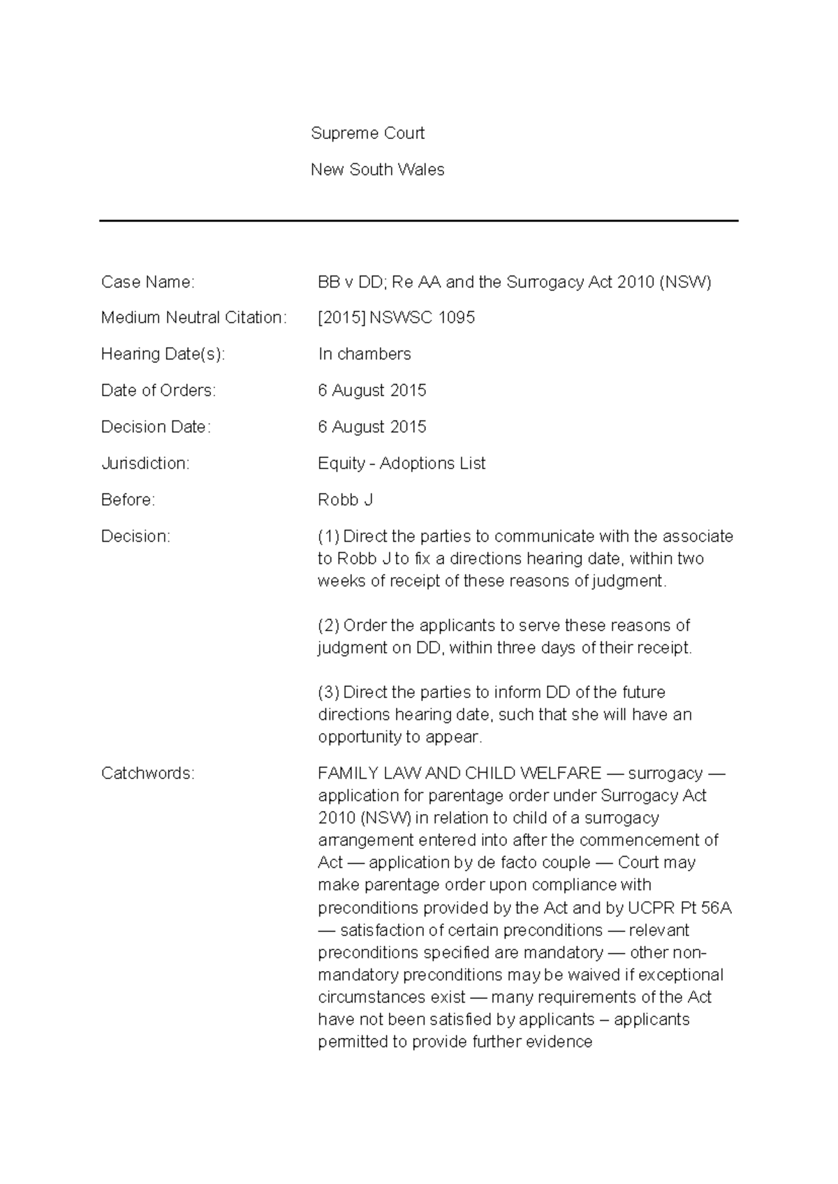 BB v DD; Re AA and the Surrogacy Act 2010 - NSWSC Judgment Summary ...