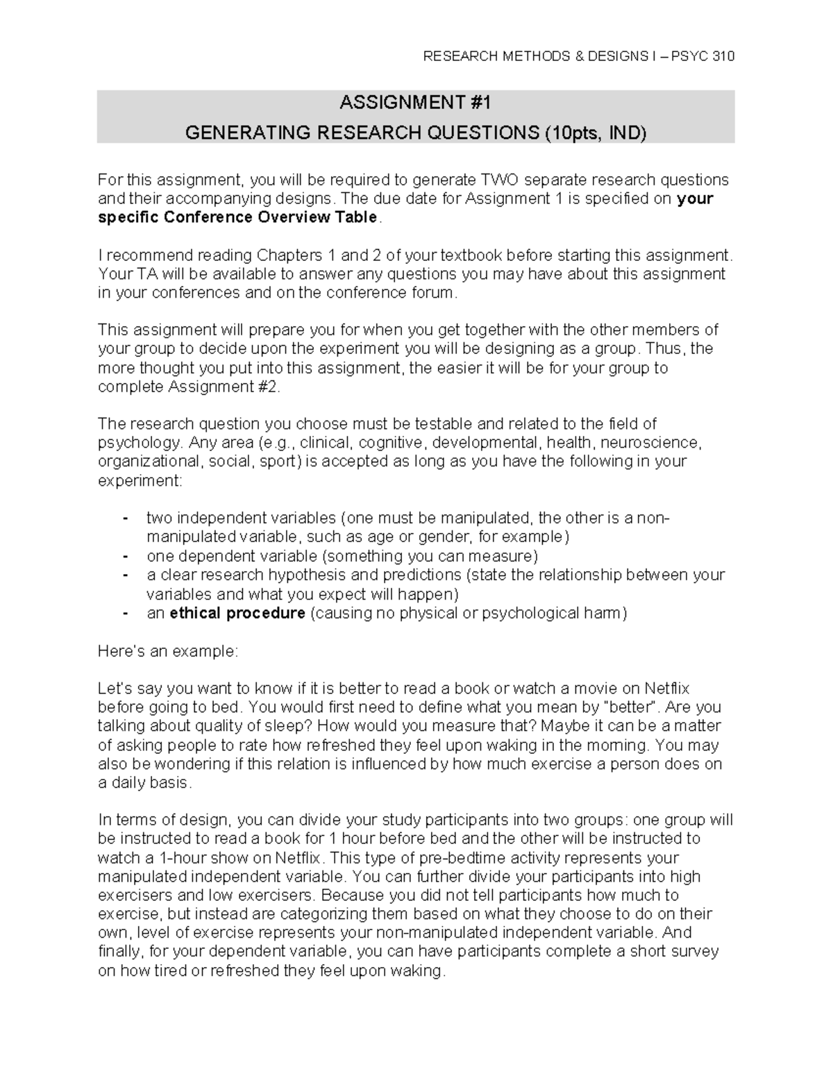 Assignment 1 - Generating Research Questions - RESEARCH METHODS ...
