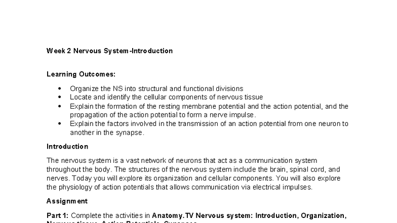 A&P WEEK 2 - Nervous System Structure & Action Potentials Notes - Studocu