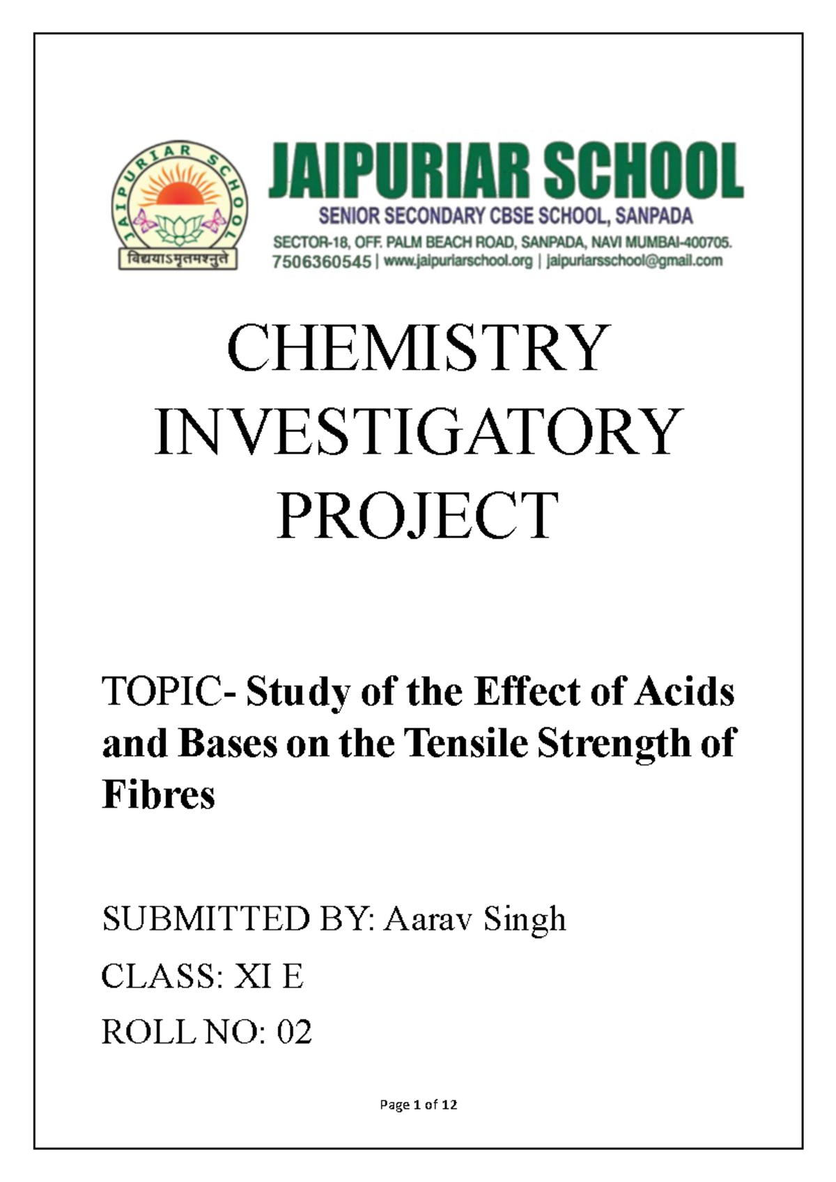 Study of Acids & Bases on Tensile Strength of Fibres - Chem IP Grade 11 ...