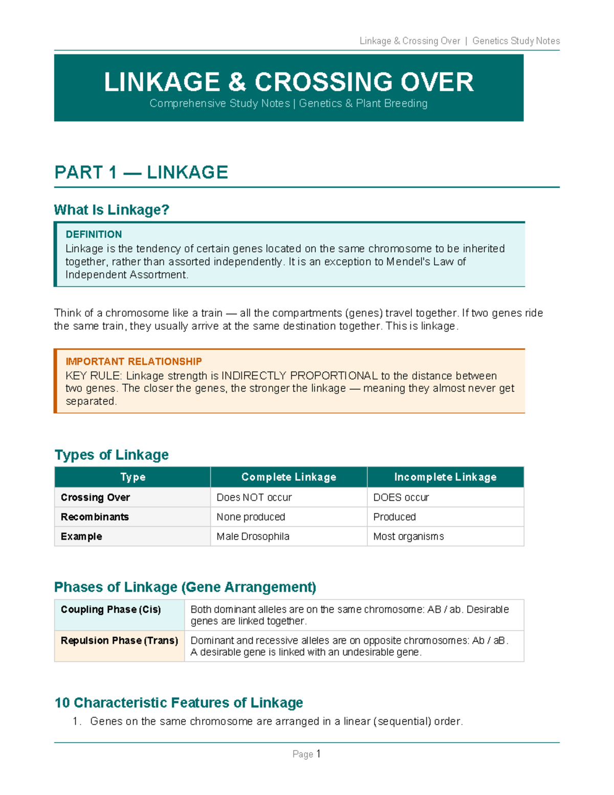 Genetics Study Notes: Linkage & Crossing Over (Part 1 & 2) - Studocu