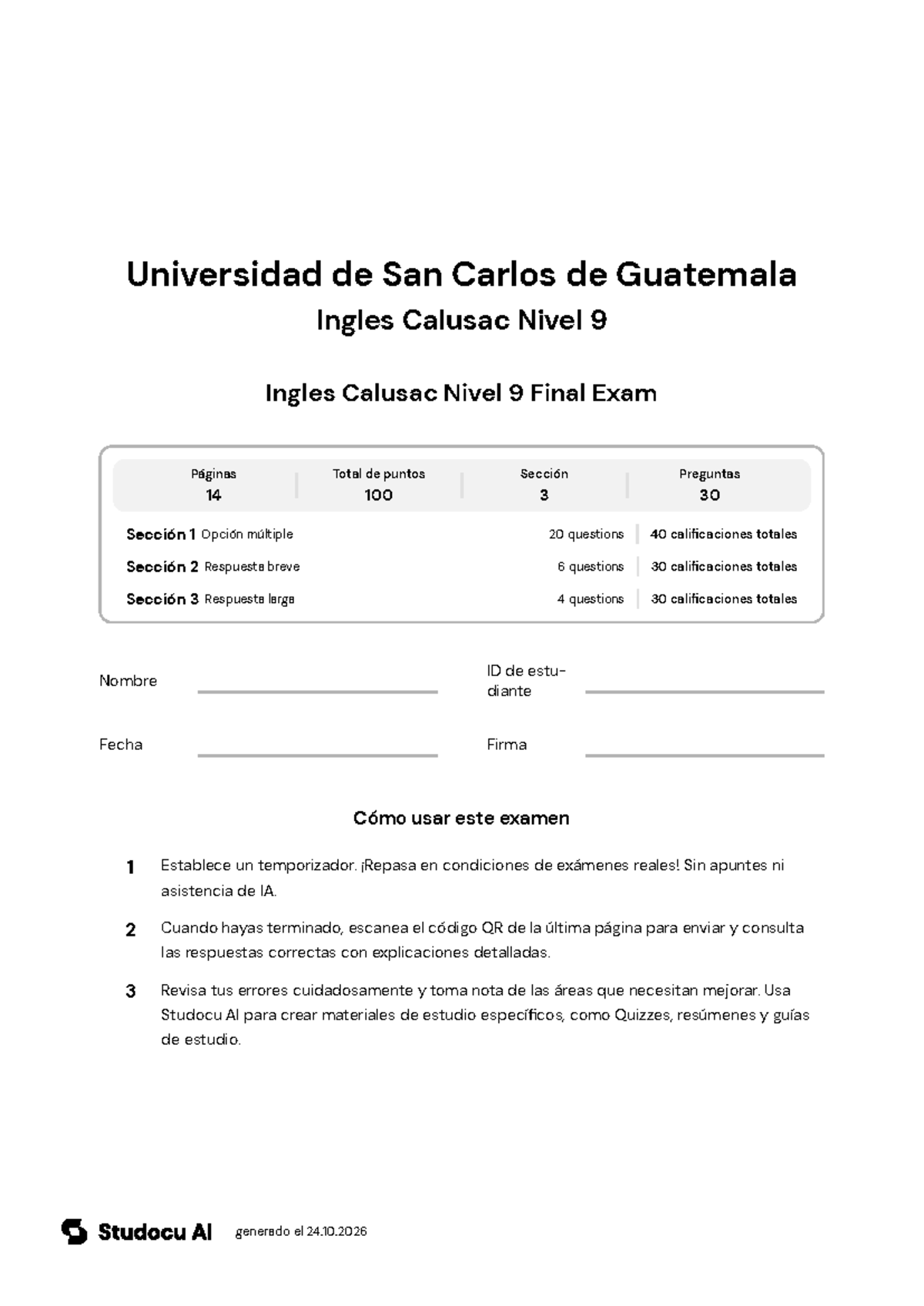 Ingles Calusac Nivel 9 Final Exam - Studocu