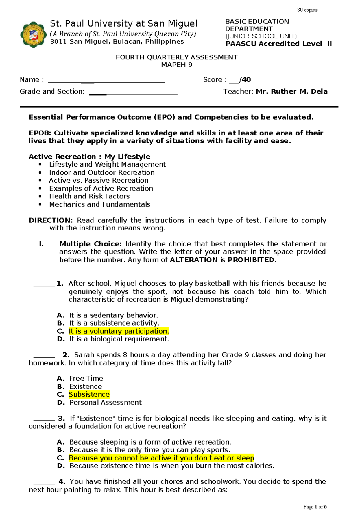 MAPEH 9 Fourth Quarterly Assessment - Active Recreation Focus - Studocu
