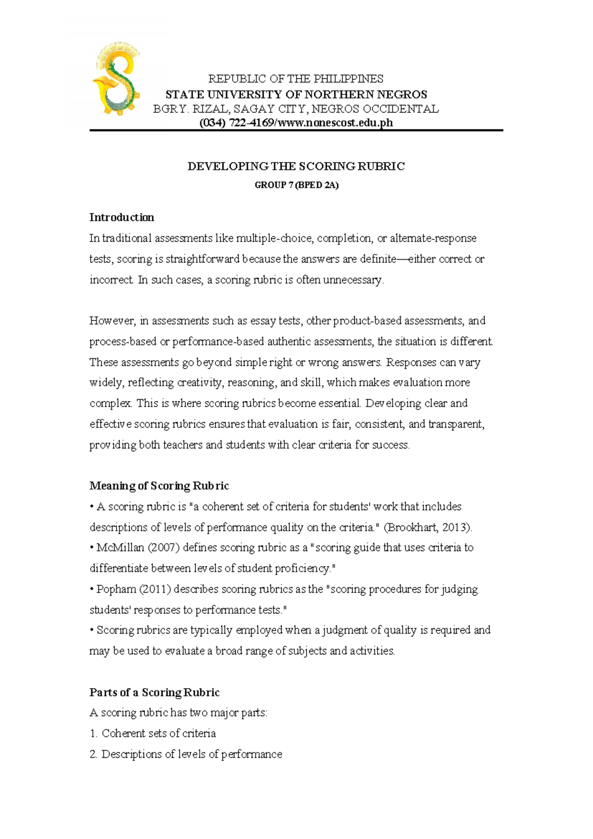 Developing Scoring Rubrics for Assessment in Learning 2 (BPED 2A) - Studocu