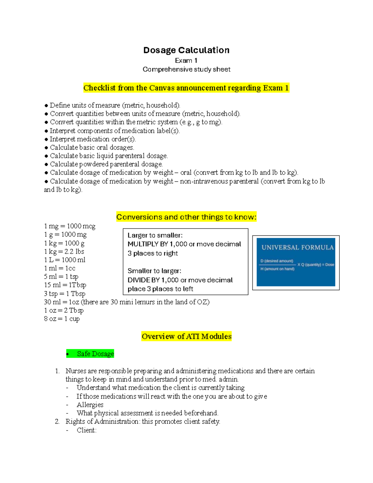 Dosage Calculation Exam 1 Study Guide and Checklist - Studocu
