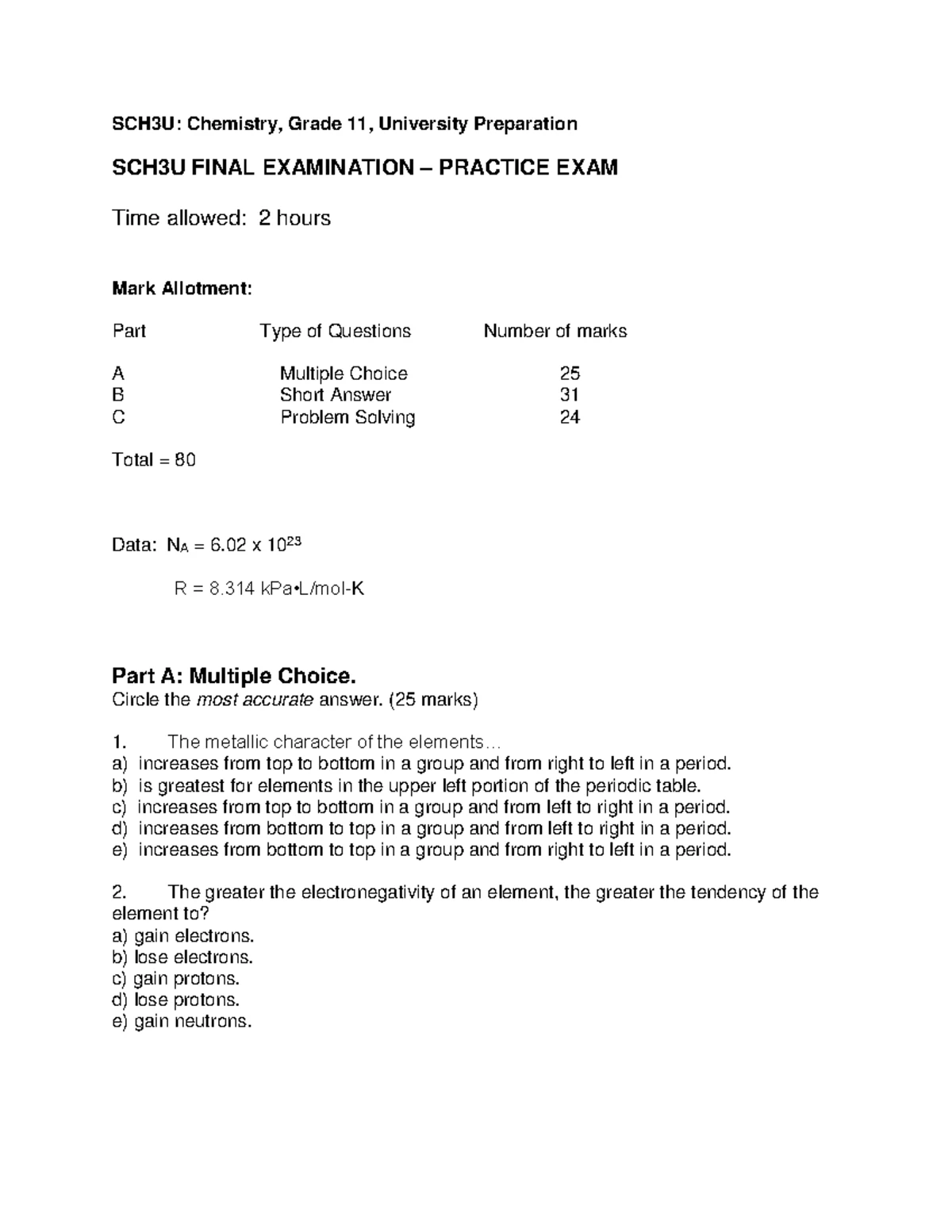 SCH3U Final Exam Review Questions for Units 1-6 - Studocu