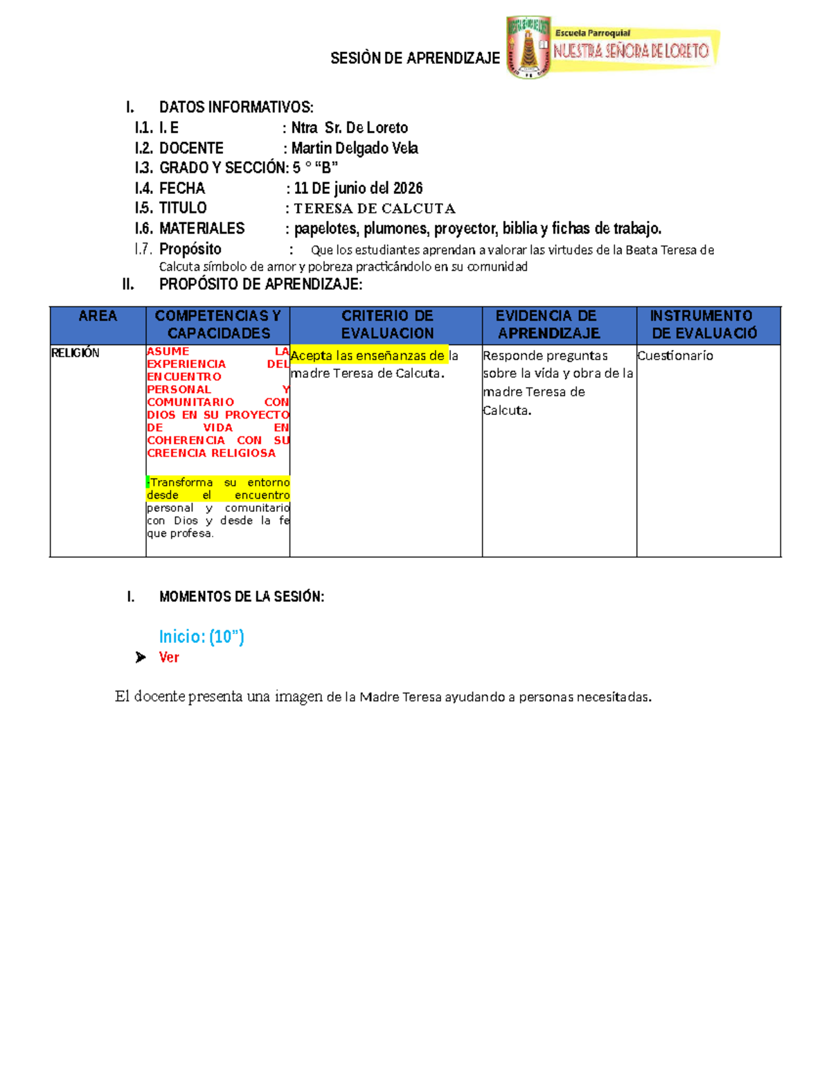 SESIÓN DE APRENDIZAJE: La Madre Teresa de Calcuta y sus Virtudes - Document Preview