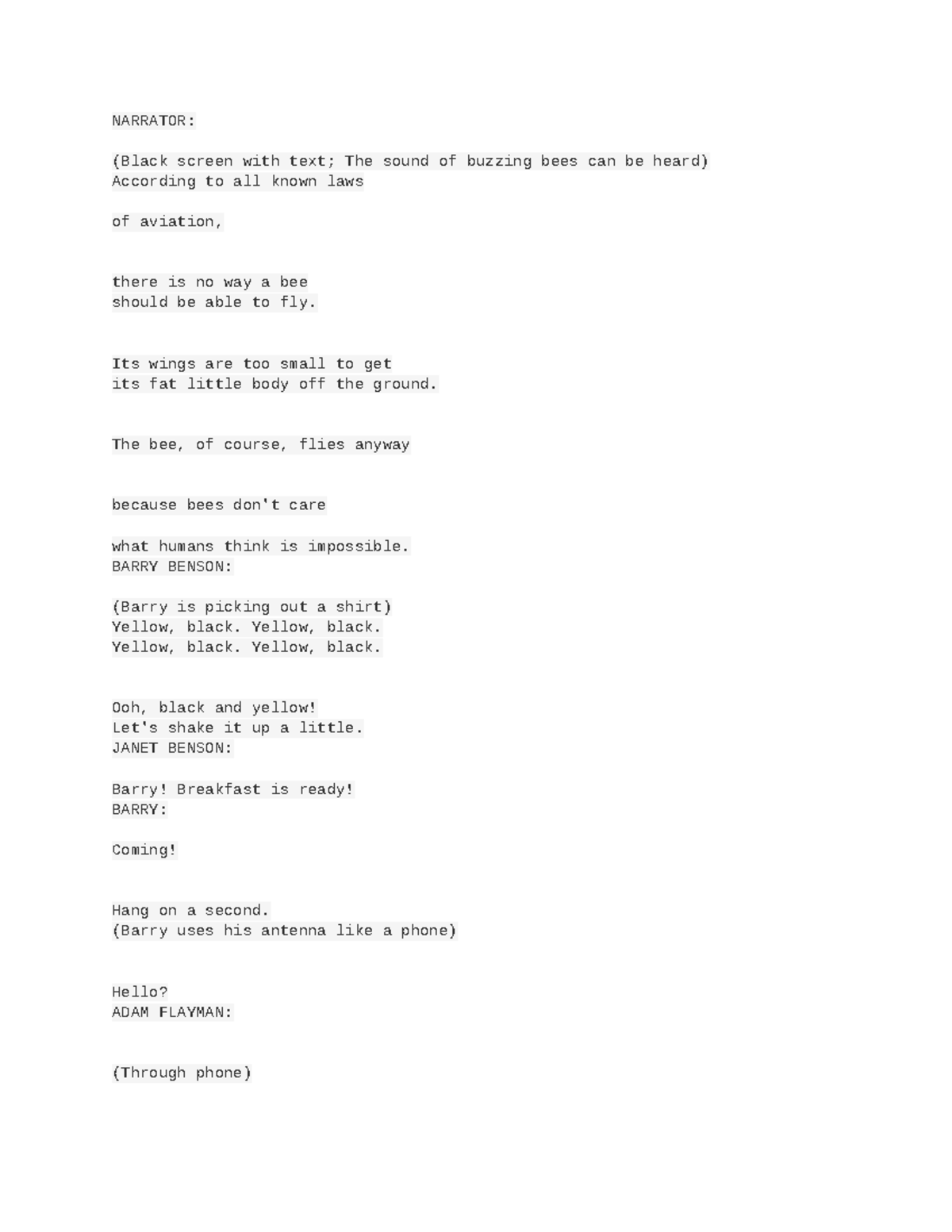 Bee Movie Script Excerpt: Analysis and Insights - Studocu