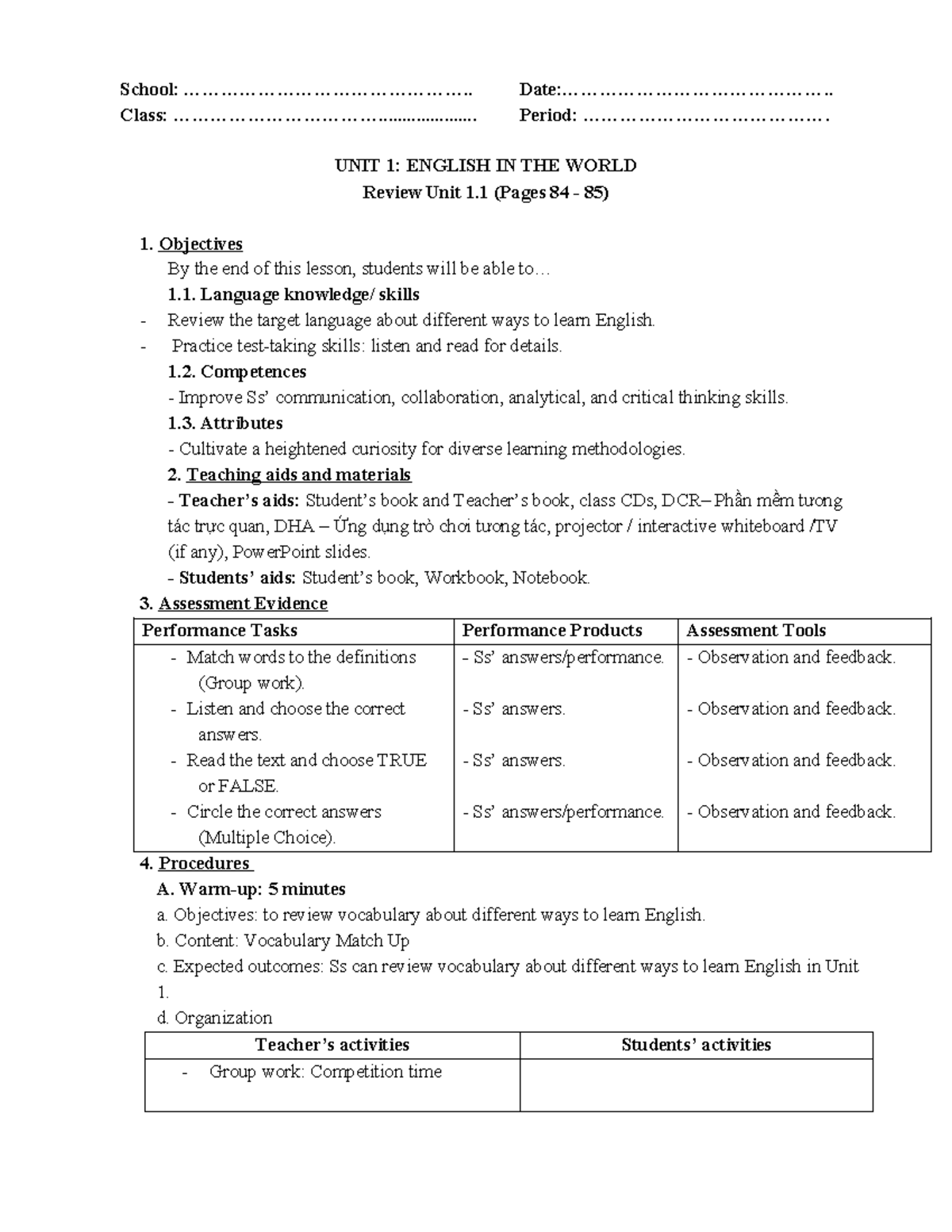 Unit 1 - Review Unit 1.1- Pages 84-85 - School
