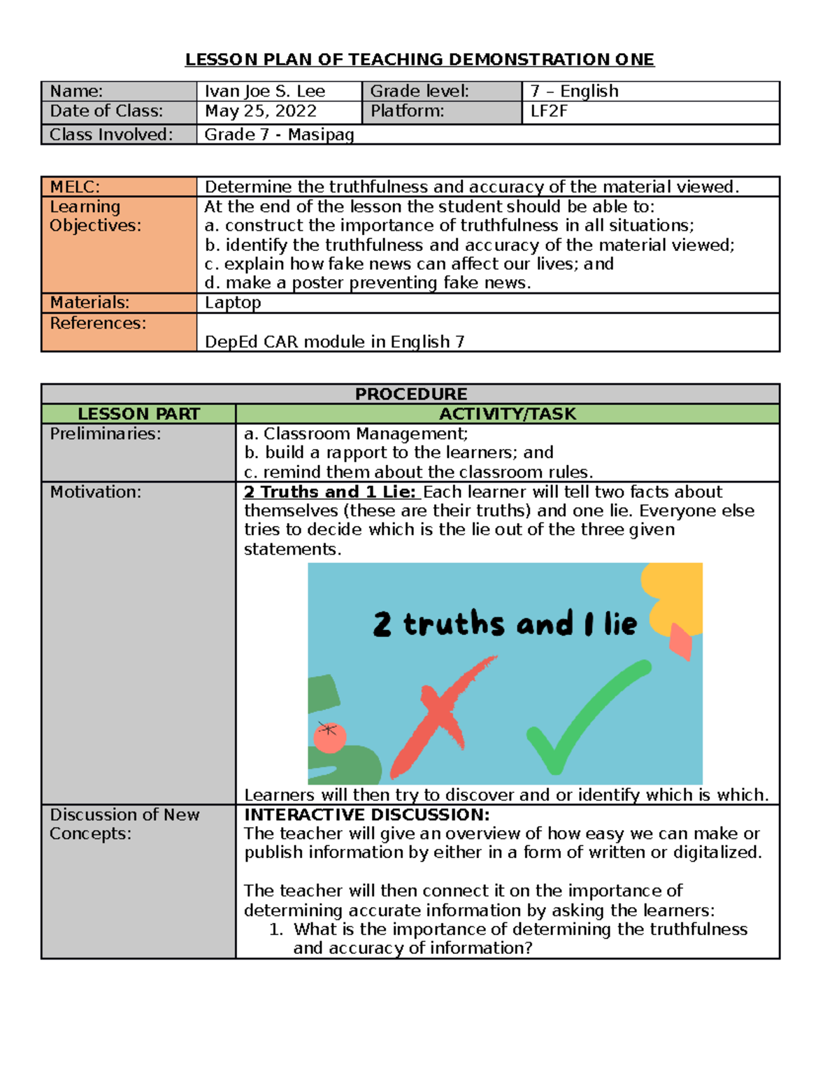SDLP 1 - Semi Detailed Lesson Plan on Truthfulness in English 7 - Studocu