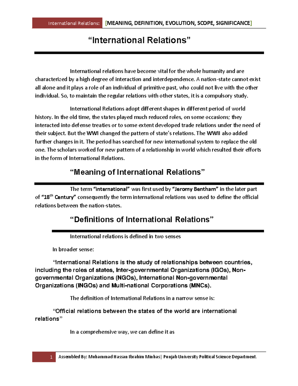 IR: Definition, Scope, Significance, and Evolution of International ...