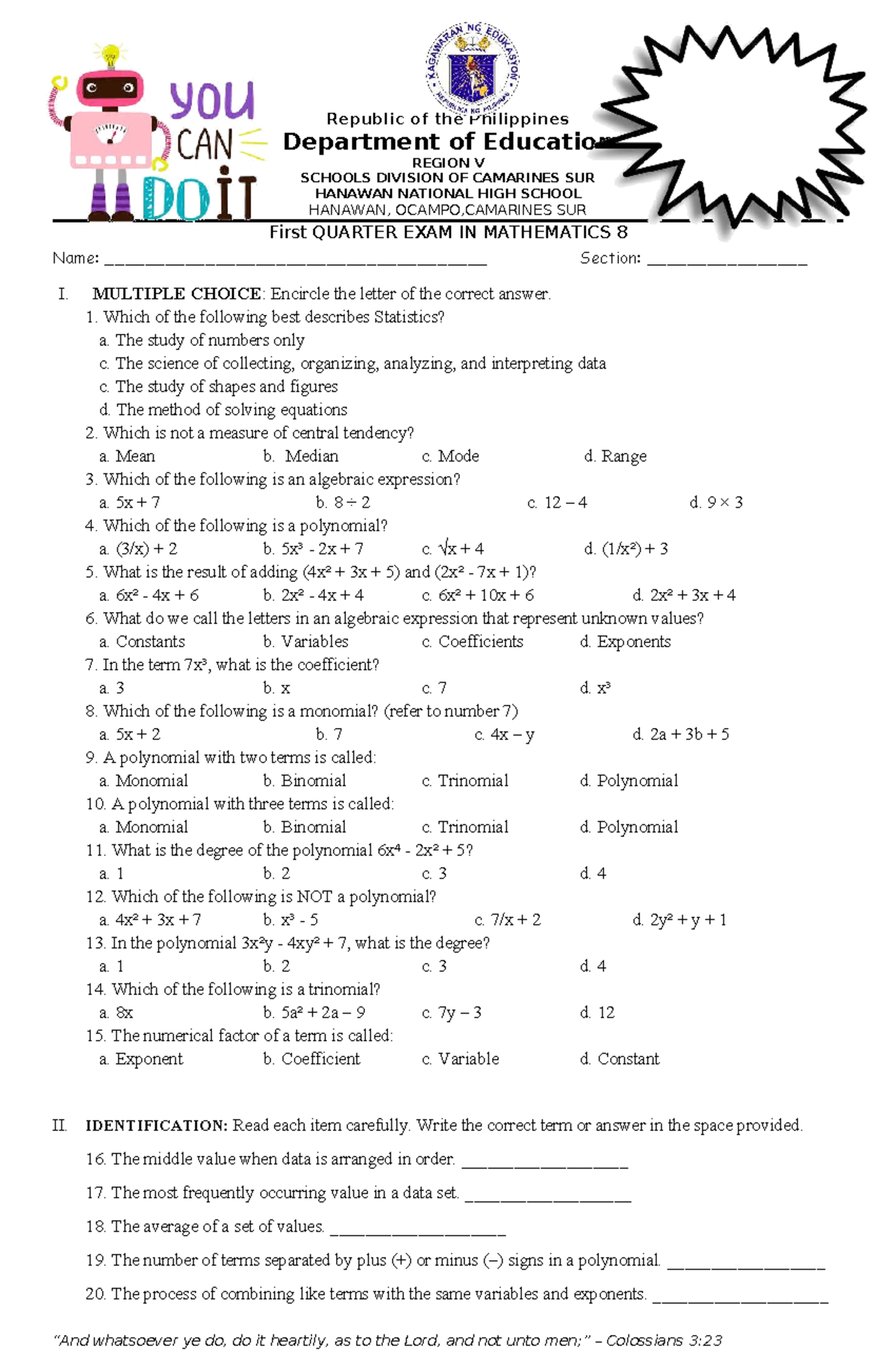 Q1 EXAM 2025 - MATH 8: Statistics & Algebra Concepts - Studocu