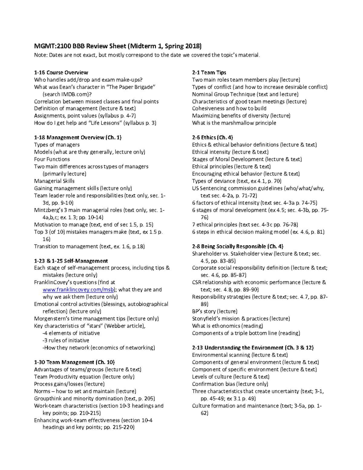 Review Sheet Midterm Exam 1 - MGMT:2100 Review Sheet (Midterm 1, Spring ...