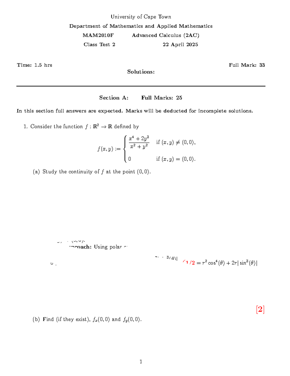 MAM2010F Advanced Calculus Class Test 2 Solutions - April 2025 - Studocu