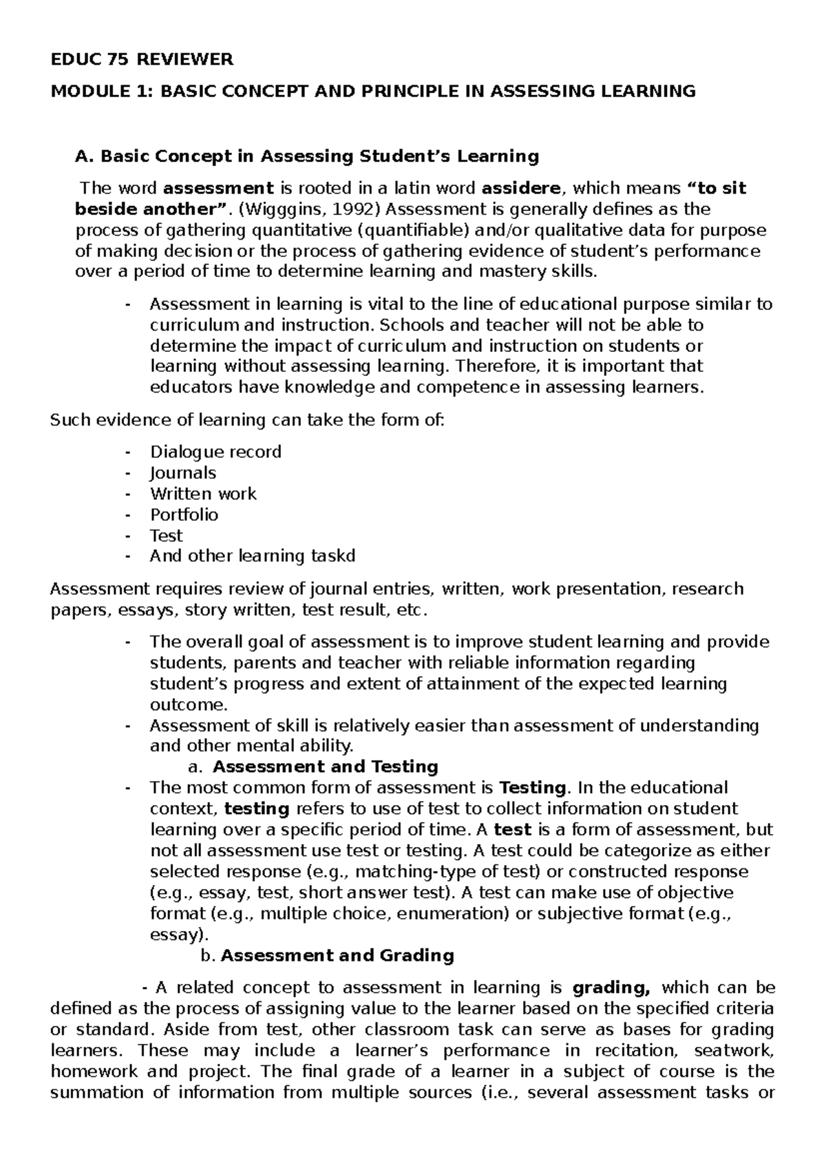 EDUC 75 Final Exam Reviewer: Assessment in Learning Concepts - Studocu