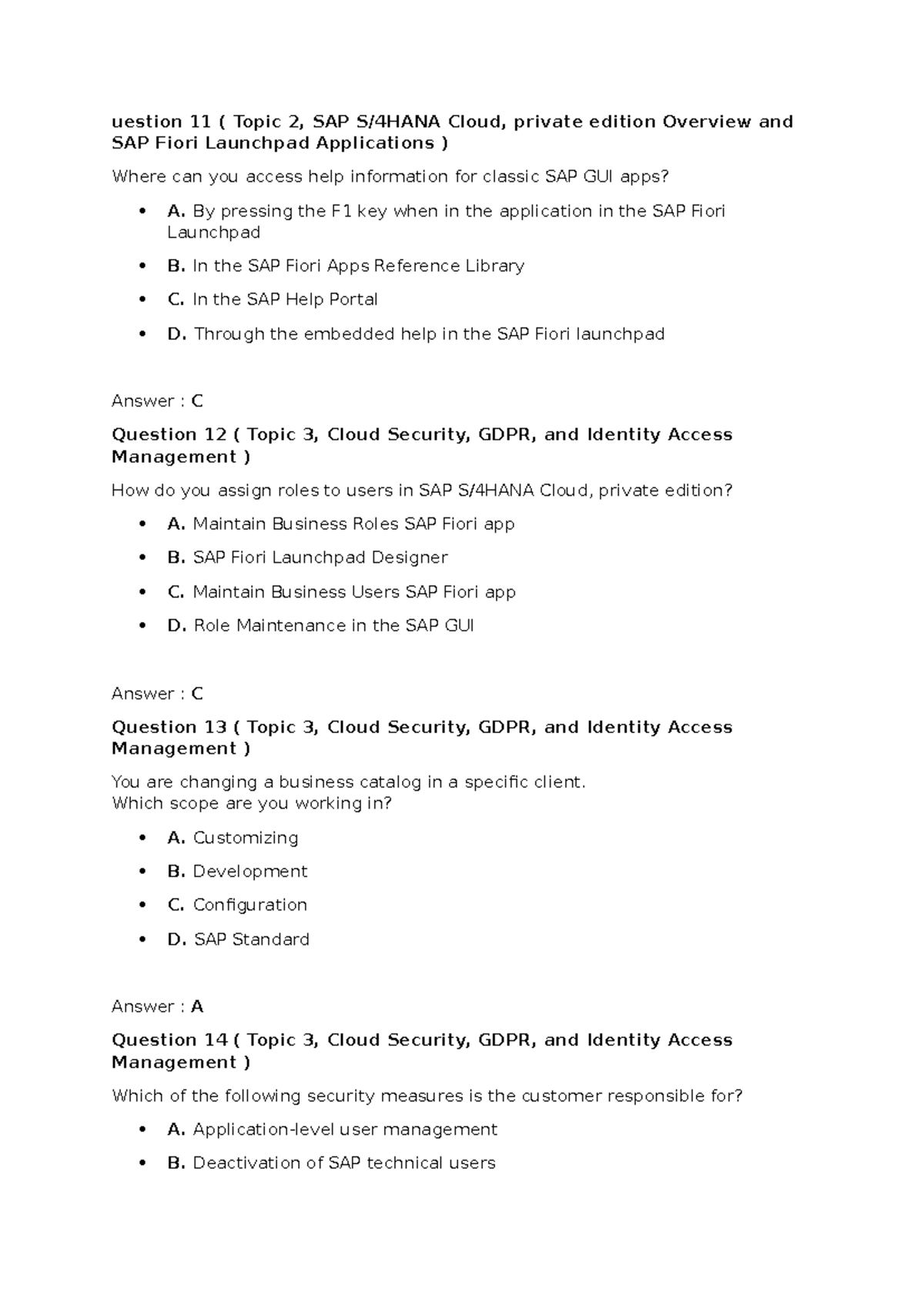 S4CPE Quiz Questions: SAP S/4HANA Cloud, Private Edition Overview - Studocu