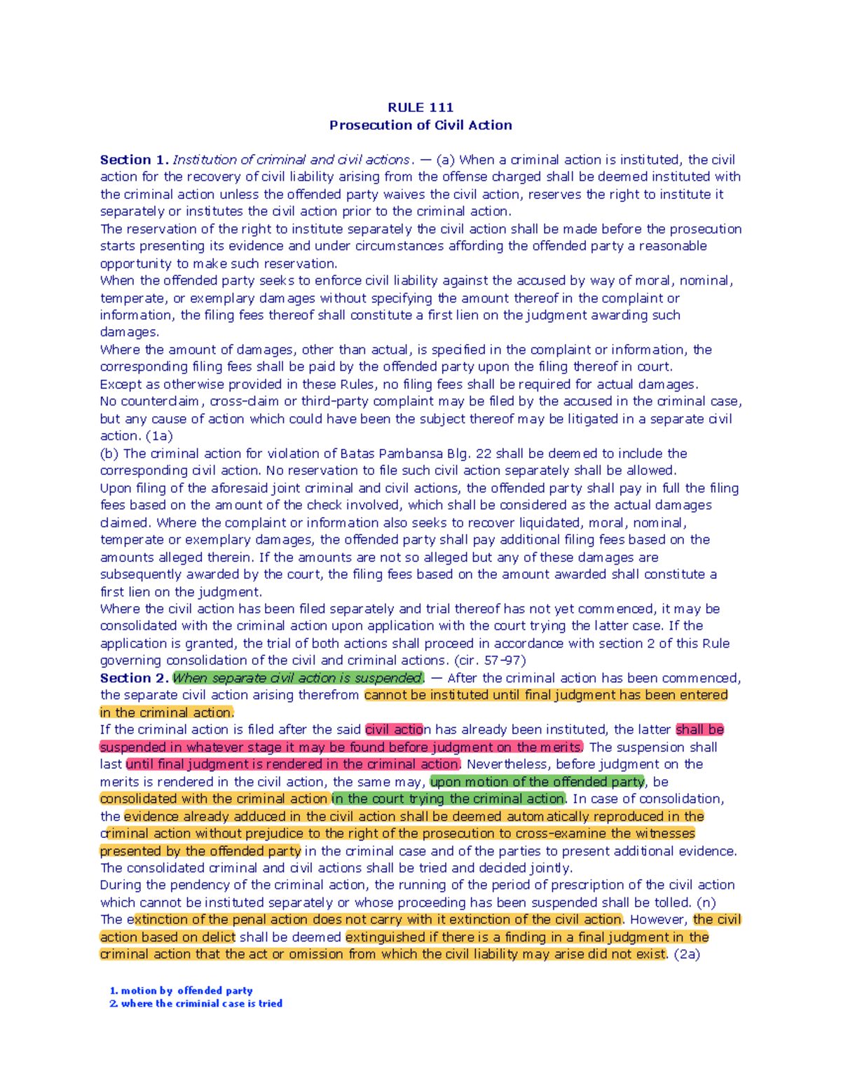 Rule 111 - Lecture on Prosecution of Civil Actions in Criminal Cases ...