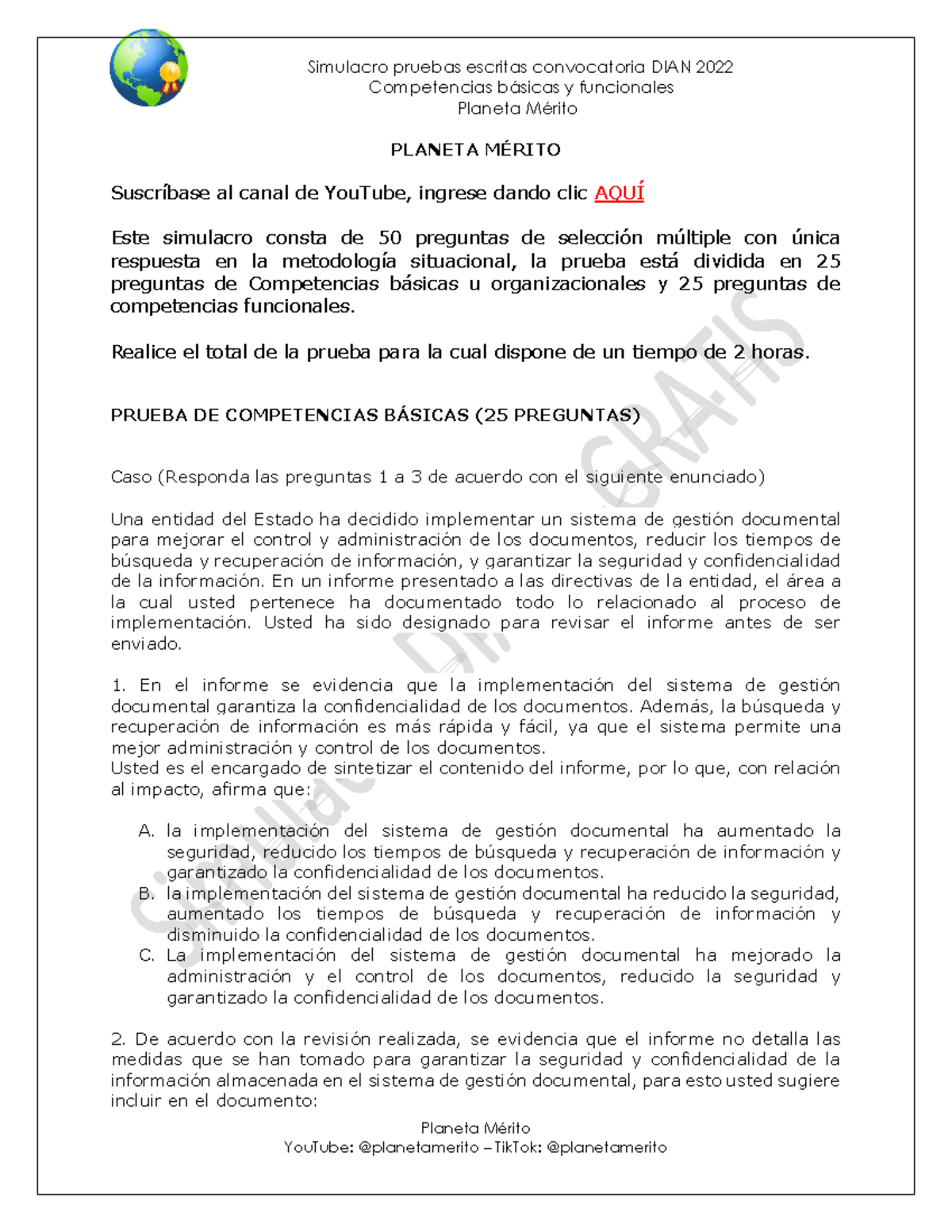 Simulacro de Competencias Básicas y Funcionales - Planeta Mérito - Document Preview