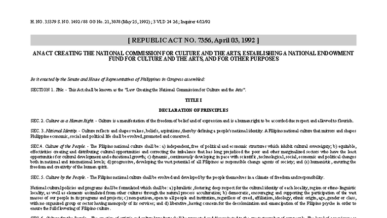 Republic Act No. 7356: National Commission for Culture and Arts - Studocu