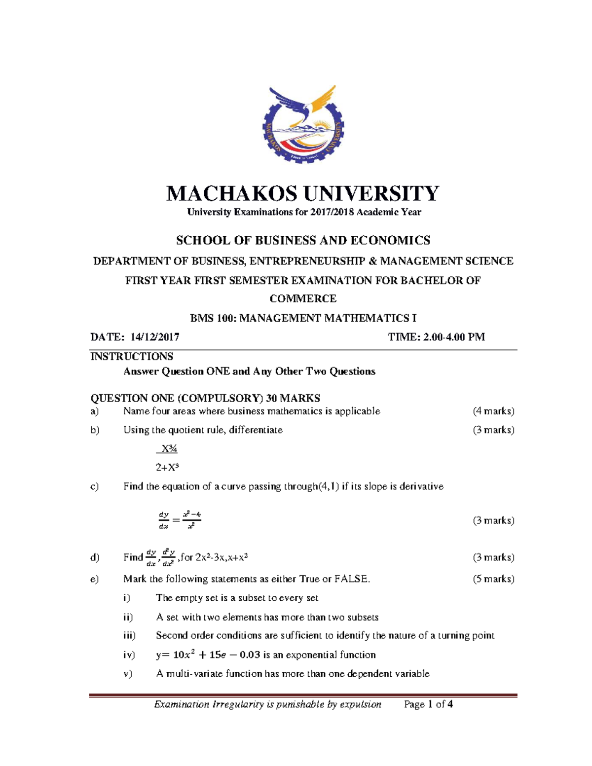 BMS 100 FINAL EXAM - Management Mathematics Revision Guide - Studocu