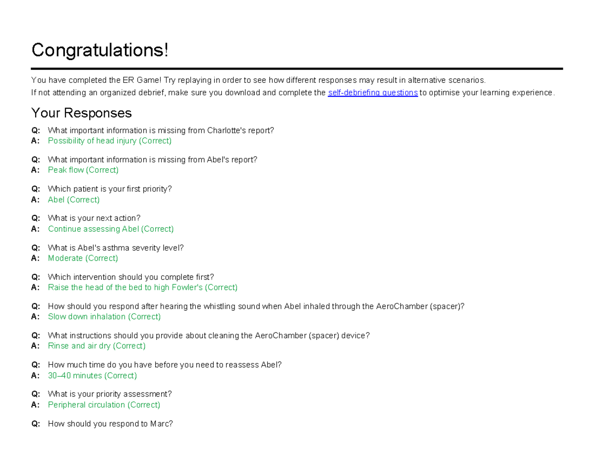ER Simulation Debrief Questions & Responses for Optimal Learning - Studocu