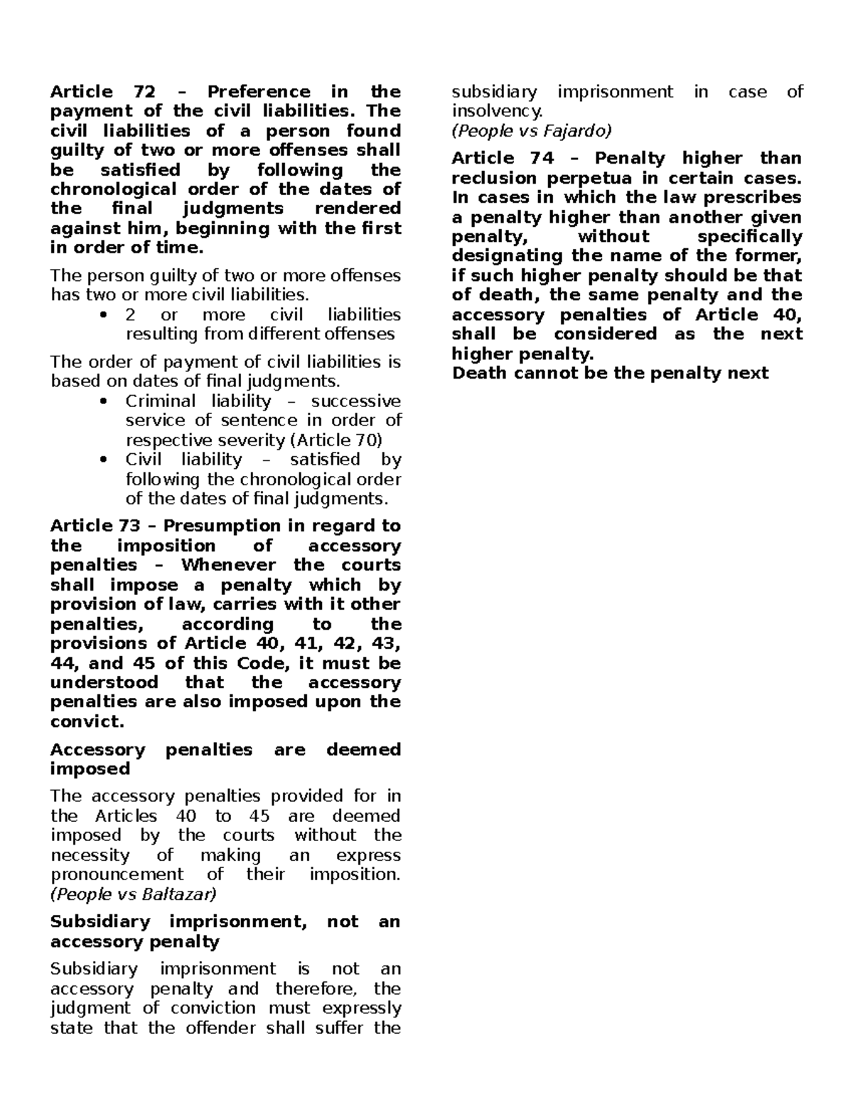 Crim Law Article 72-74: Civil Liabilities & Accessory Penalties - Studocu