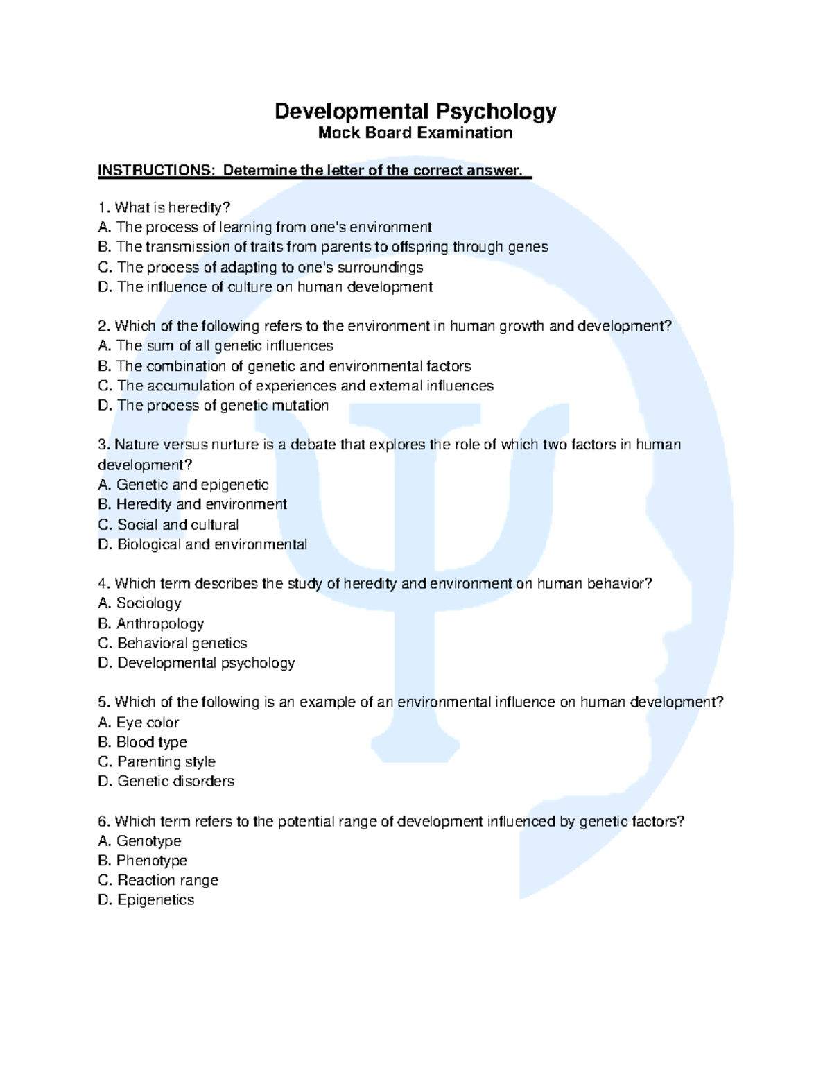 Developmental Psychology Mock Board Exam Questions and Answers - Studocu