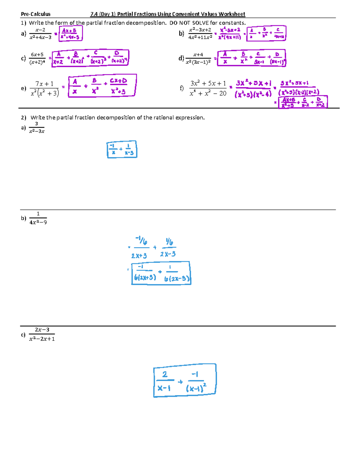 7.4 Precalc Day 1 Partial Fractions Worksheet KEY - Studocu