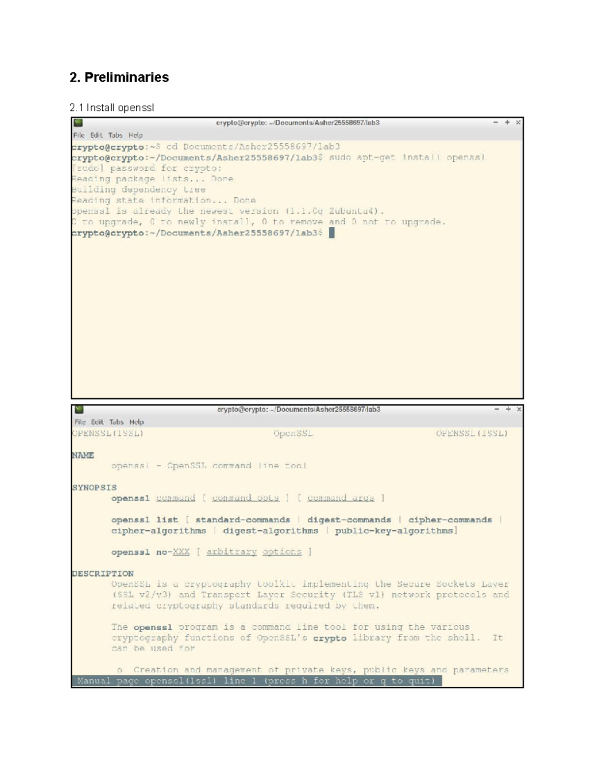 Week 5 Lab 3 Cryptography 25558697 - 2. Preliminaries 2 Install openssl ...