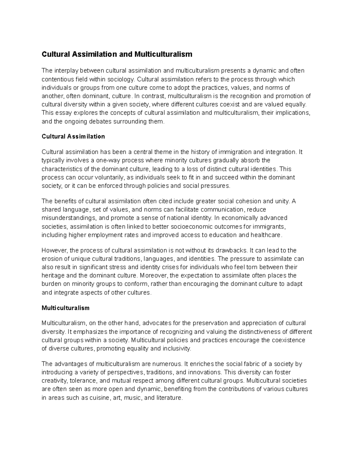 Cultural Assimilation and Multiculturalism - Cultural assimilation ...