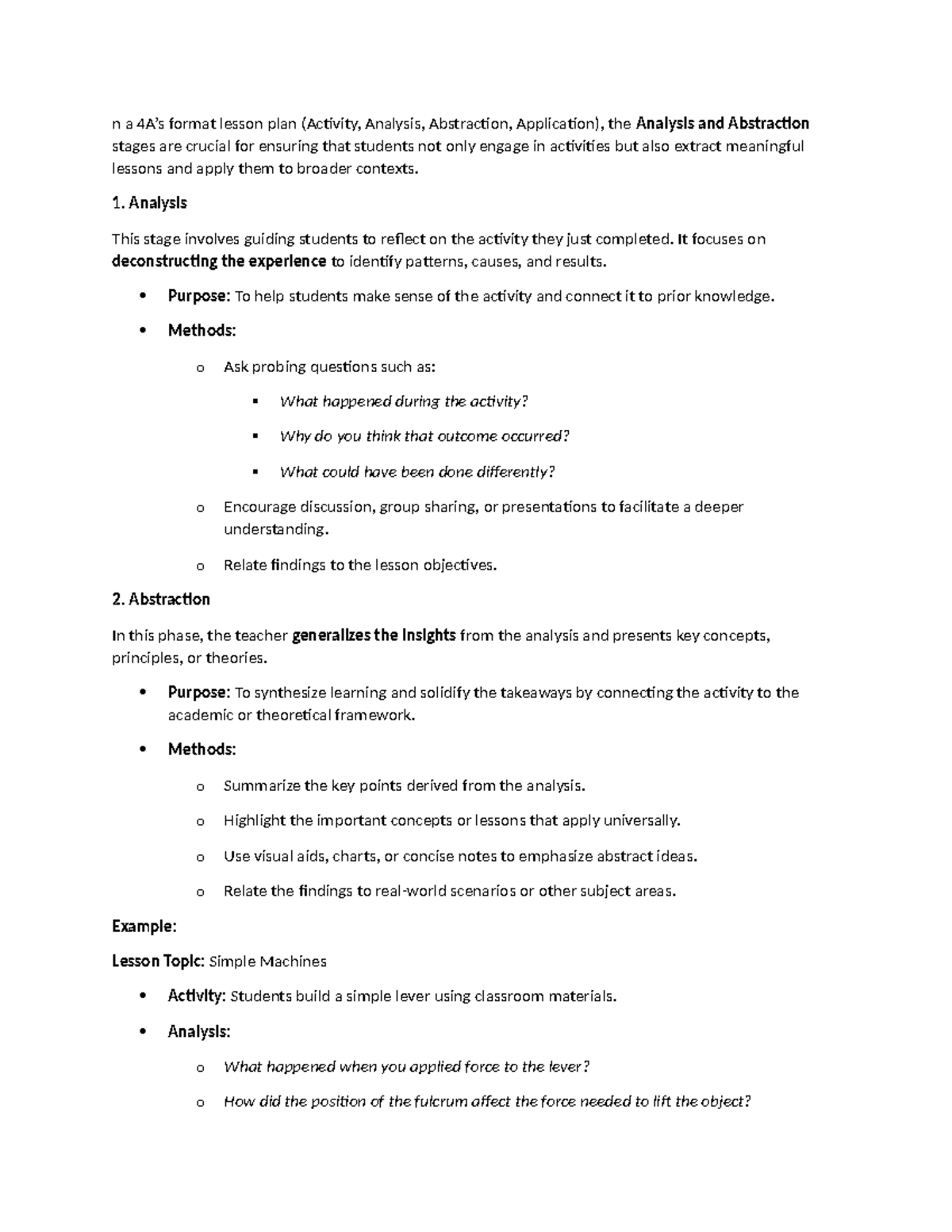 4A Lesson Plan - Activity Analysis and Abstraction Techniques - Studocu