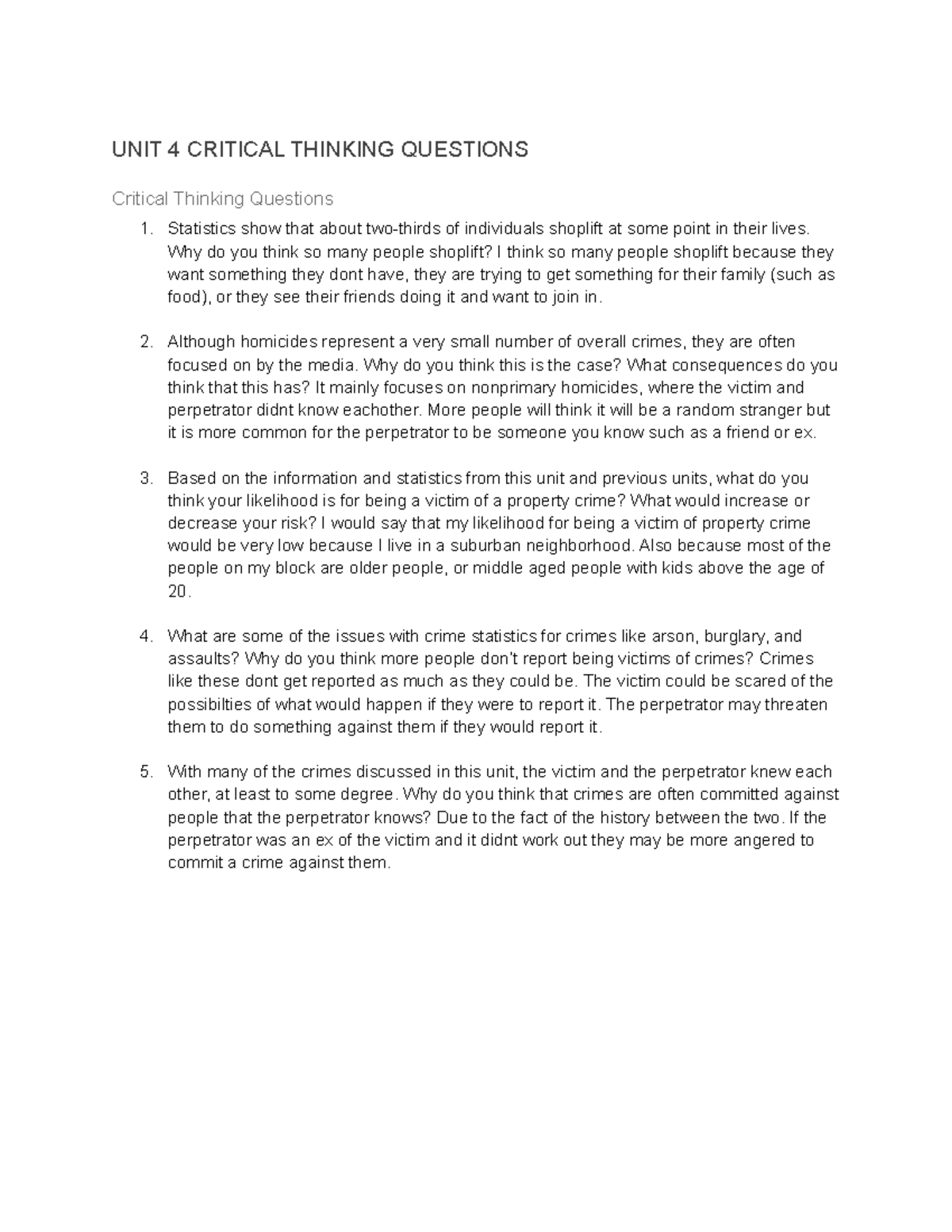 C - UNIT 4 Critical Thinking Questions & Insights on Crime - Studocu