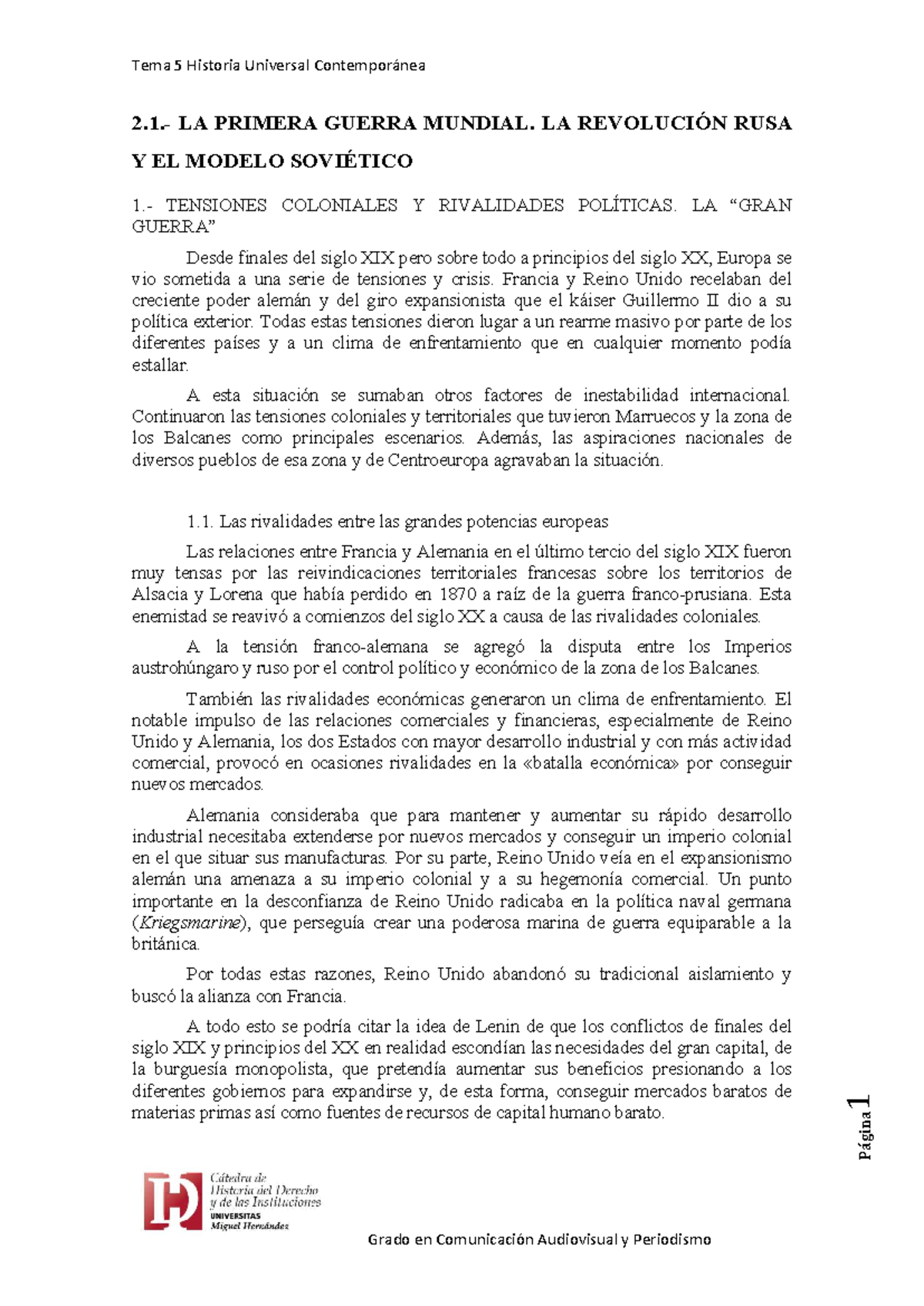 2.1-LA Primera Guerra Mundial. LA Revolución RUSA Y EL Modelo Soviético ...