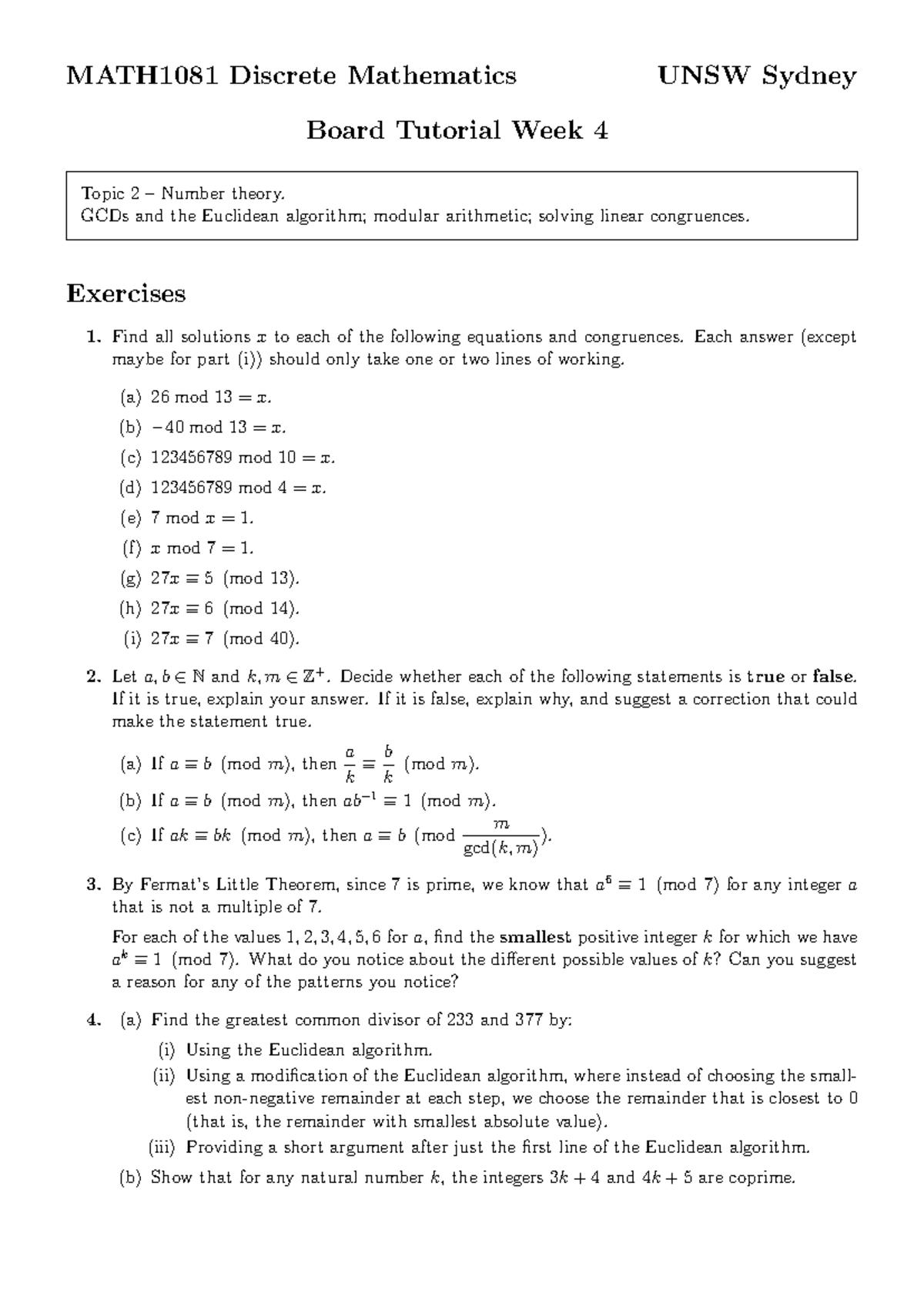 MATH1081 Discrete Mathematics UNSW Week 4 Tutorial Short Answers - Studocu