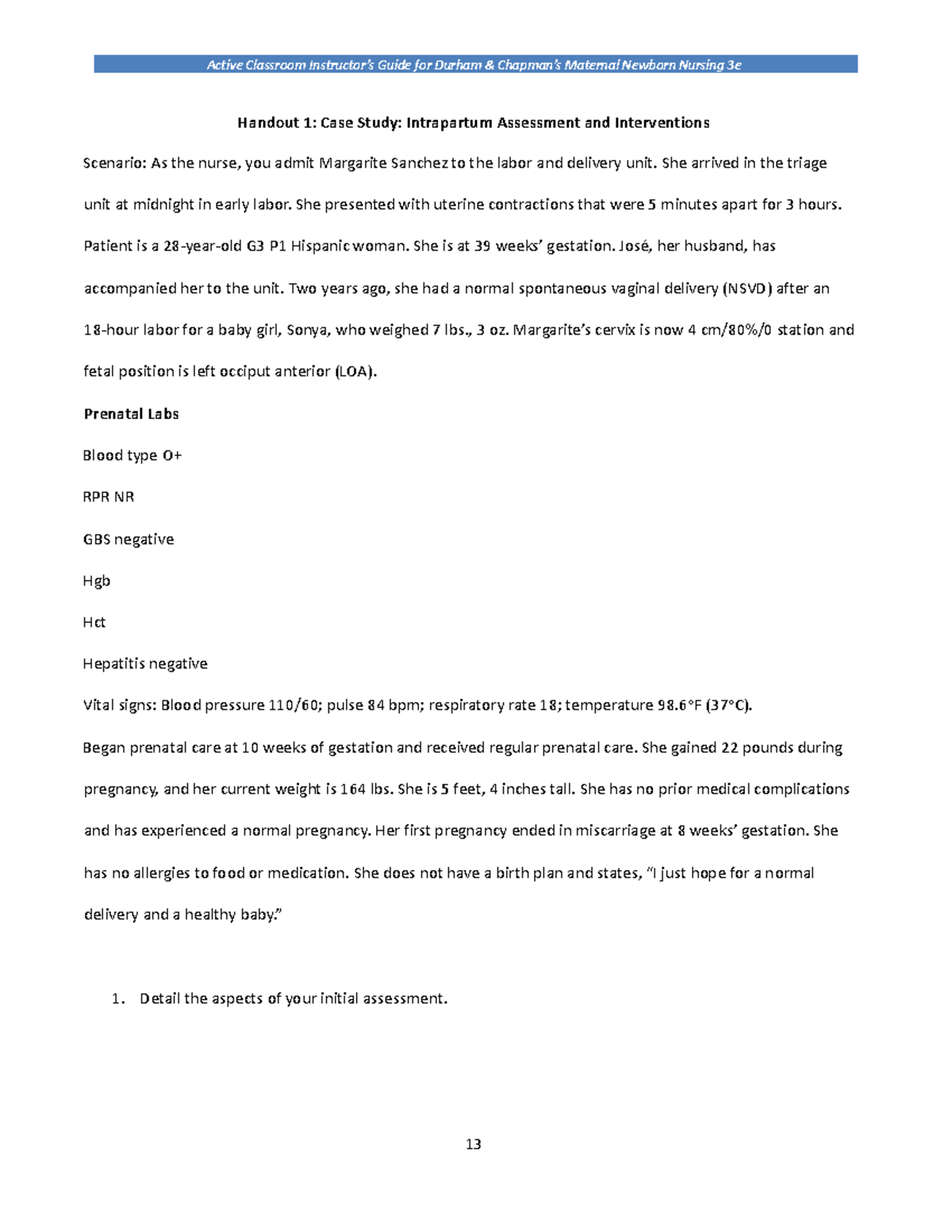 Intrapartum Case - CASE STUDY - Handout 1: Case Study: Intrapartum ...