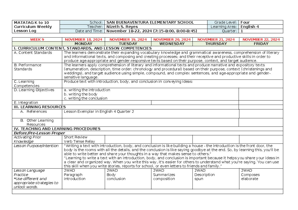DLL- English 4-Q2-WEEK 9 - MATATAG K to 10 Curriculum Weekly Lesson Log ...