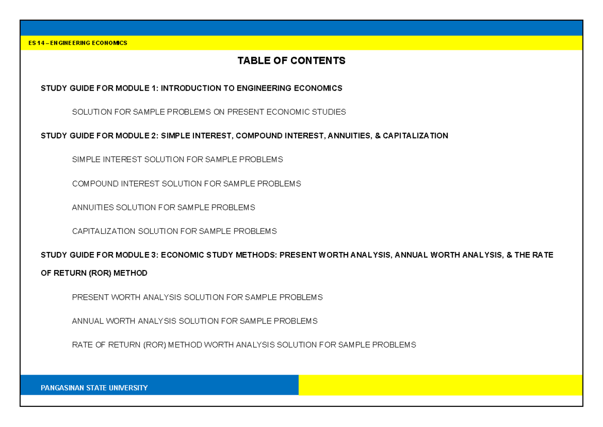 Table OF Contents ECON - engg econ - ES 14 – ENGINEERING ECONOMICS ...
