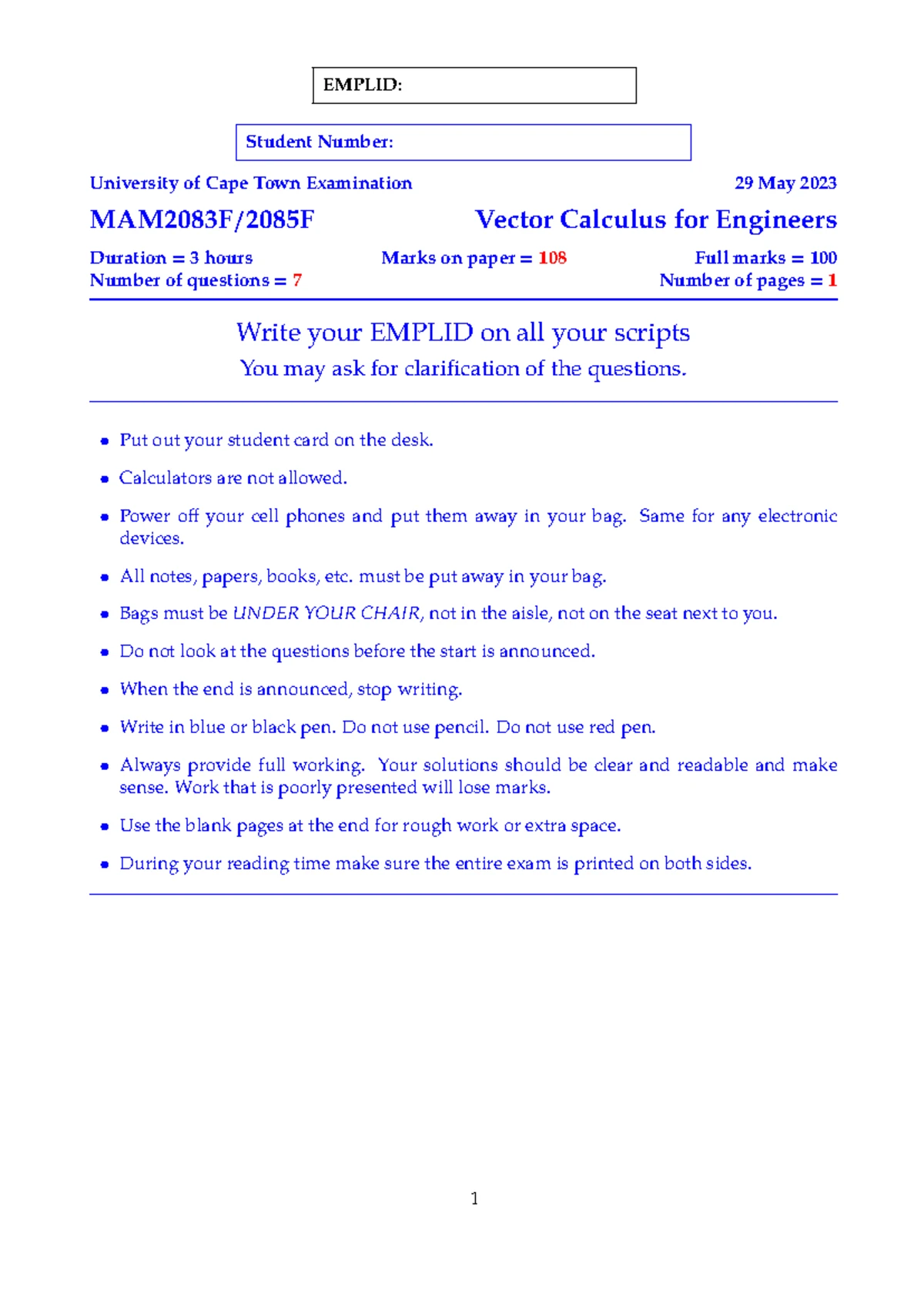 MAM2083F/2085F Vector Calculus Past Exam Paper with Memo - 31 May 2022 ...