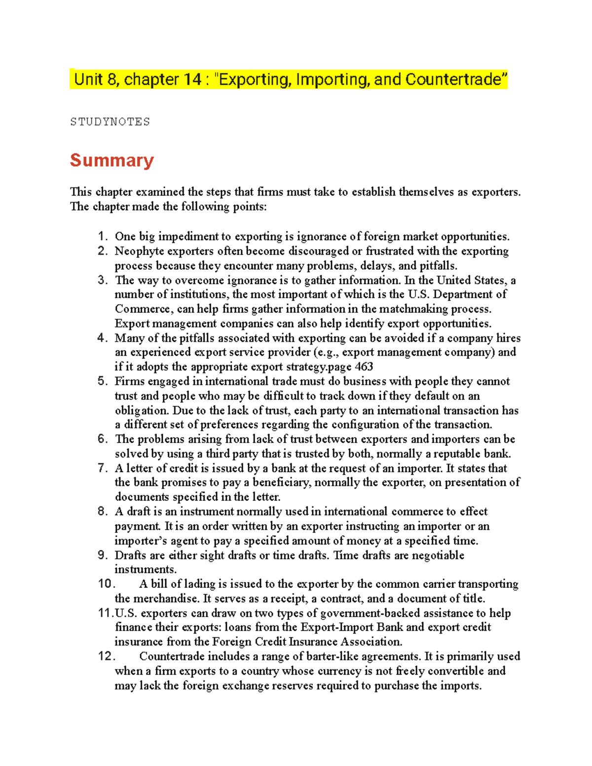 MT220 Unit 8 STUDY NOTES - Unit 8, chapter 14 : "Exporting, Importing ...