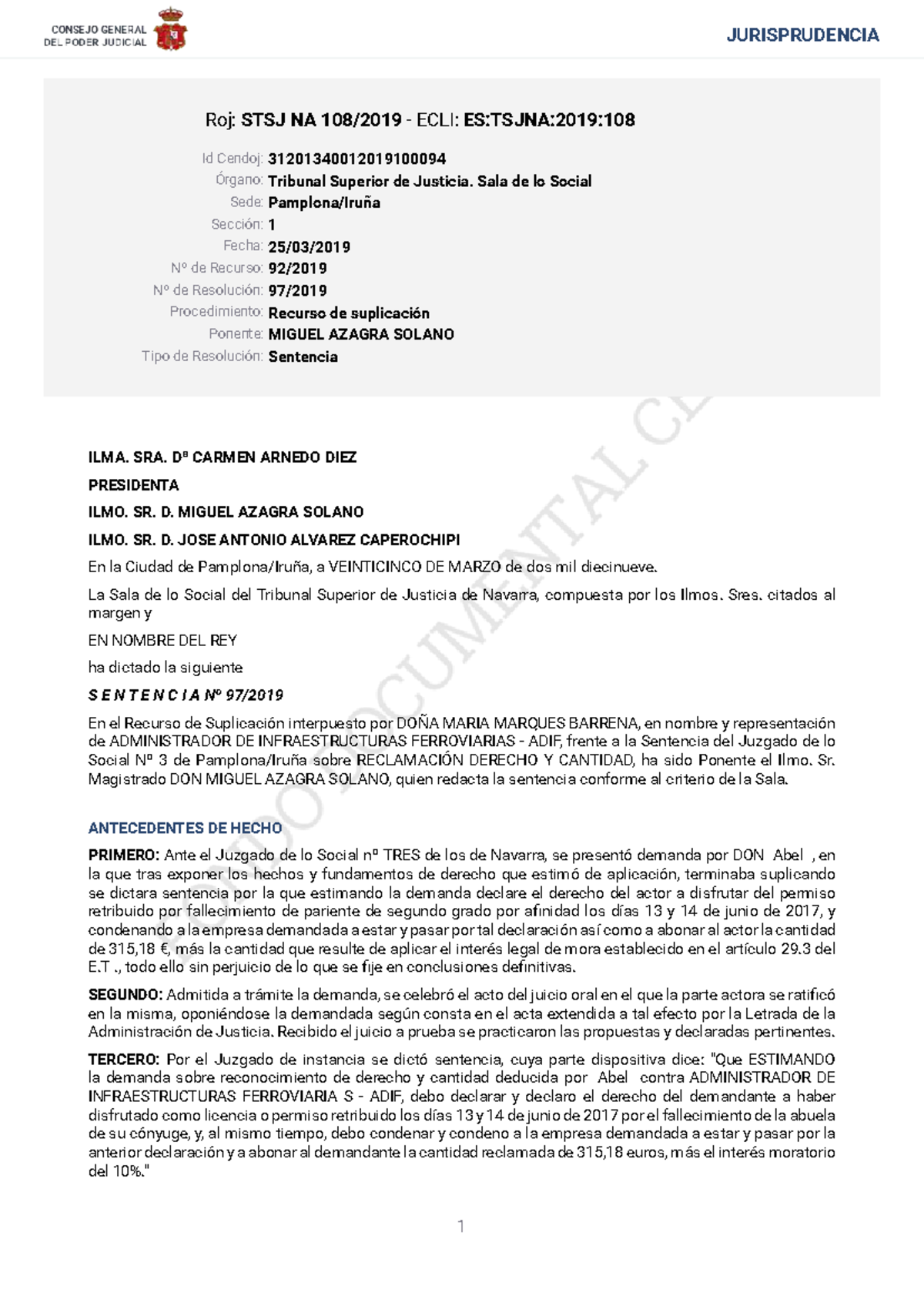 Sentencia STSJ NA 108/2019 sobre Recurso de Suplicación en Derecho Laboral  - Studocu