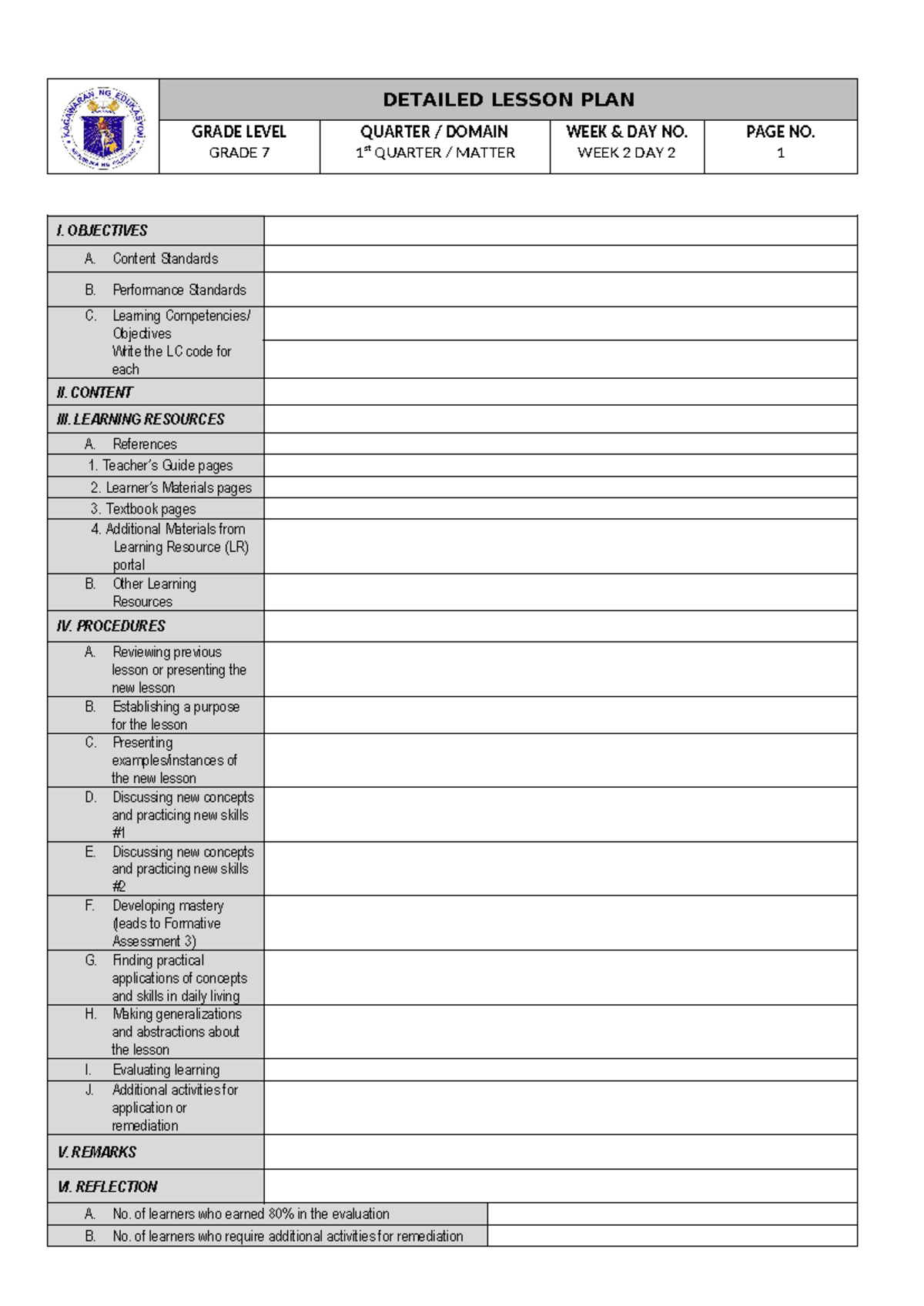 Lesson Exemplar Blank Template - GRADE LEVEL GRADE 7 QUARTER / DOMAIN 1 ...