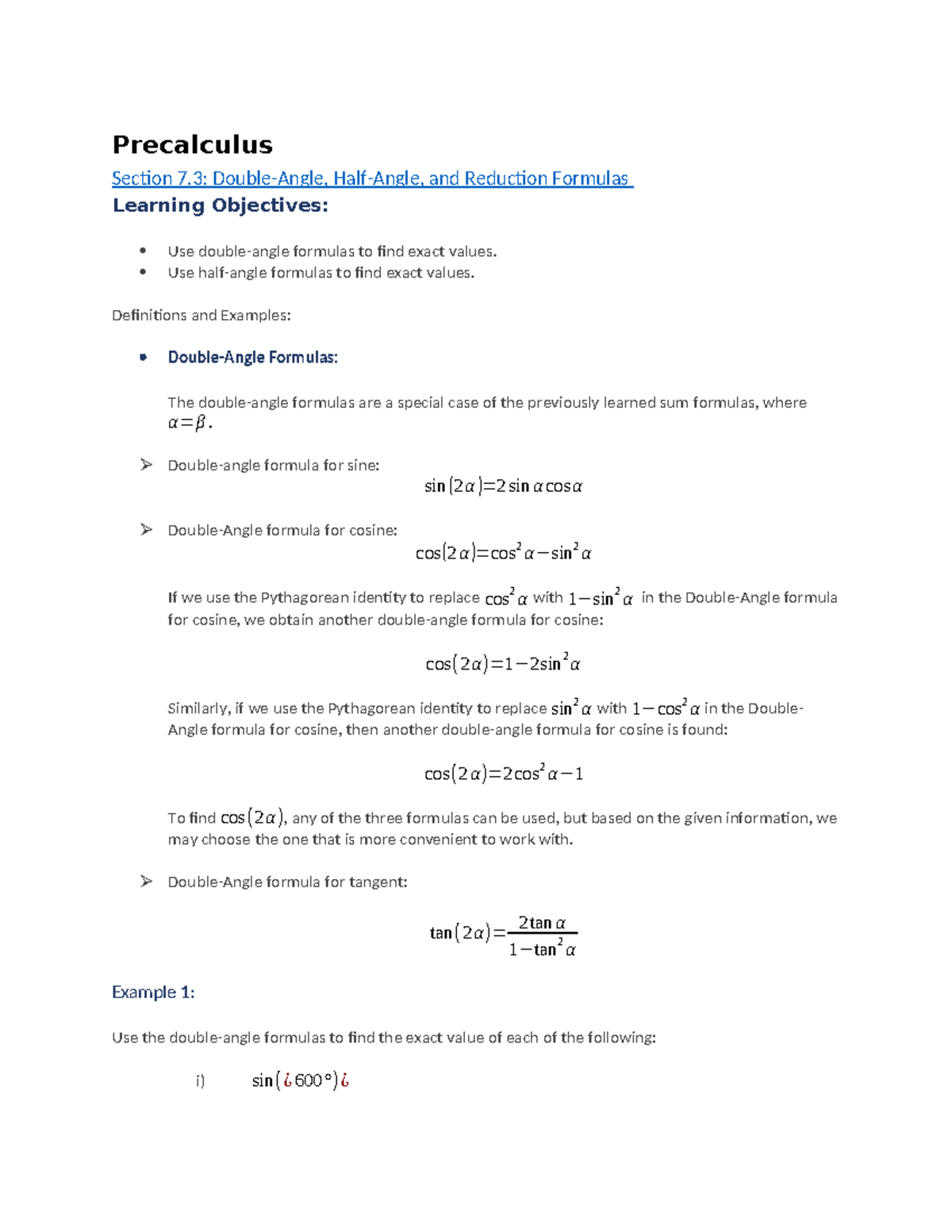 Precalculus (MATH101) Section 7.3: Double-Angle & Reduction Formulas ...